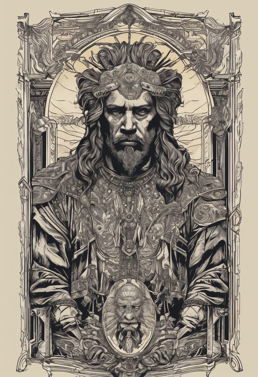 Zeus, t-shirt art, 2D, ((black background :1, 5)), vector, vivid colors, masterpiece, best quality, intricate details, perfect symmetrical face, realistic details, gothic theme, rim light, moonlight, cinematic shading, Greg Rutkowisk