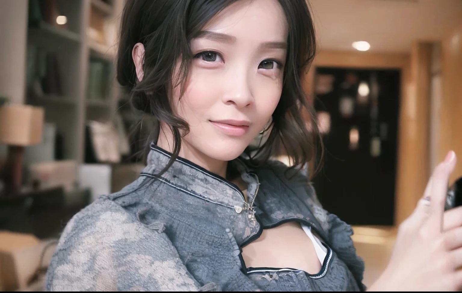 there is a woman with a cell phone in her hand, dilraba dilmurat, wenfei ye, xintong chen, Zhang Wanting, Gemma Chen, Li Zixin, shaxi, lulu chen, Yoshitomo Nara, chengyou liu, xision wu, chiho, Lu Ji, ruan jia beautiful,Naked
