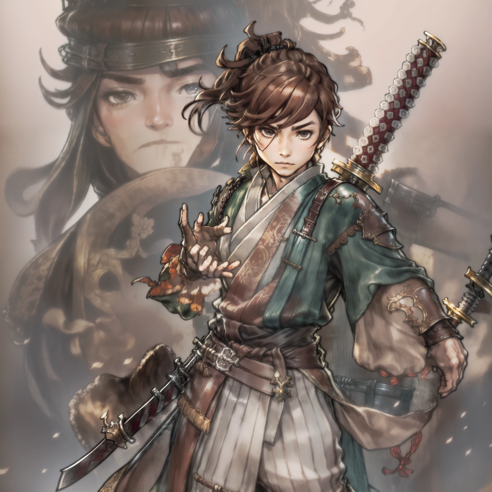 Game Art design, Octopath Traveler 2, 1boy, hikari ku, (solo:1.4), brown hair, ponytail, samurai warrior wearing a katana on his waist belt, japanese clothes with ornaments, yoroi, extremely detailed face and eyes, absurdes