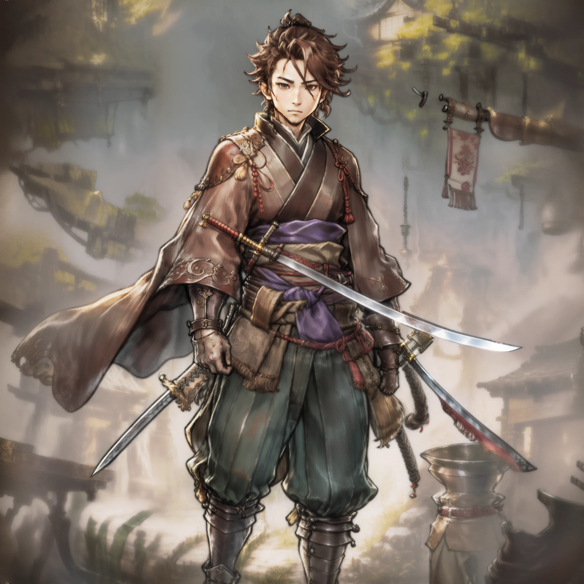 Game Art design, Octopath Traveler 2, 1boy, hikari ku, (solo:1.4), brown hair, ponytail, samurai warrior wearing a katana on his waist belt, japanese clothes with ornaments, yoroi, extremely detailed face and eyes, absurdes