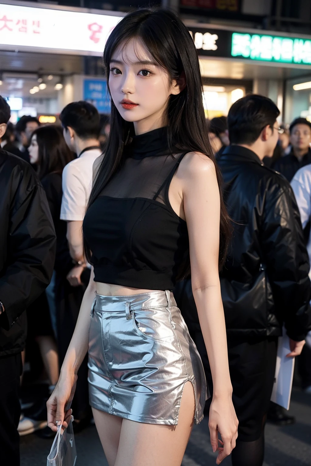 Korean-style girl in transparent top and miniskirt standing in the crowd