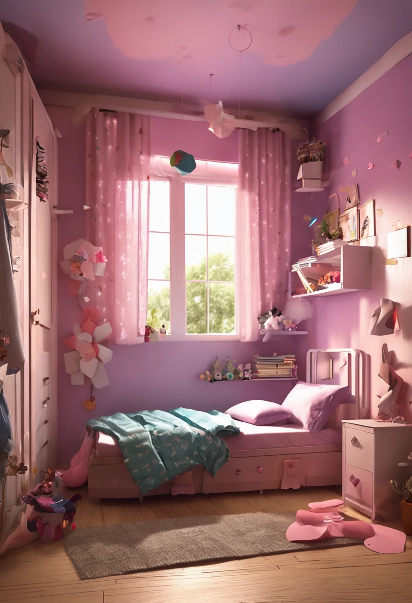 quarto de menina, desordem, roupas de mulher, quarto bem iluminado, desenho animado, estilo anime, raios de sol, melhor qualidade, render profissional