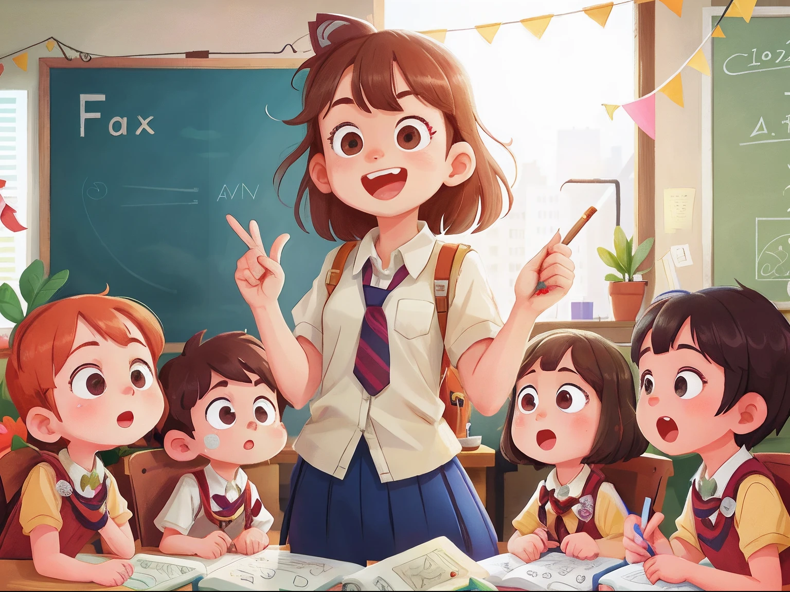 A group of ren,Have fun with class,A teacher,Perfect quality,Clear focus(Clutter - home:0.8), (tmasterpiece:1.2) (realisticlying:1.2) (Bokeh) (best qualtiy) (detailedskin:1.3) (complexdetails) (8K) (detailedeyes) (Sharp focus),(having fun)