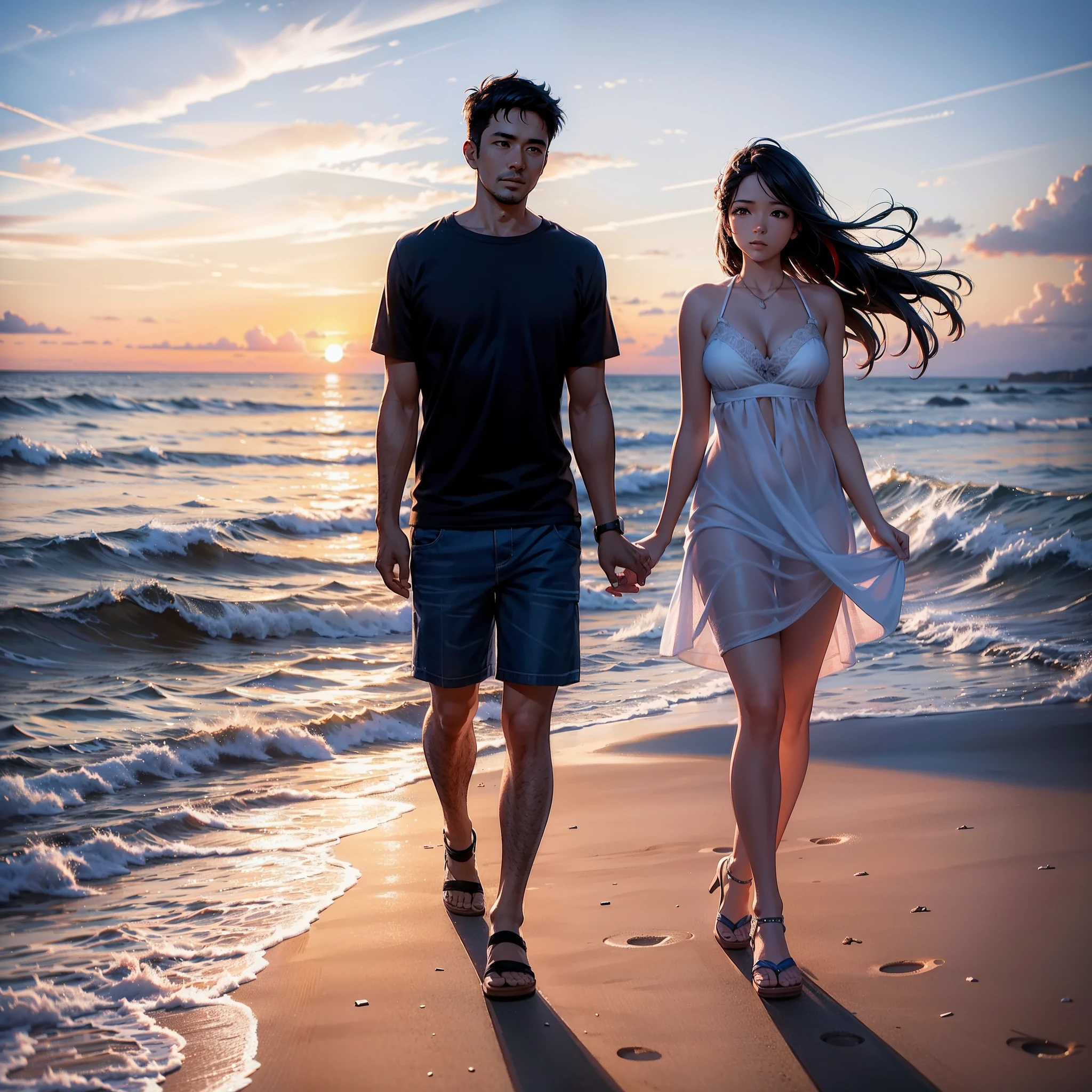 A couple walking along the beach in a beautiful sunset, master part, HDR, UHD, 64 mil, altamente detalhado, fotografia profissional, Directed by: Sergio Nogueira, trending on ArtStation, Motor irreal, vivid colors, High Resolution Scanning.