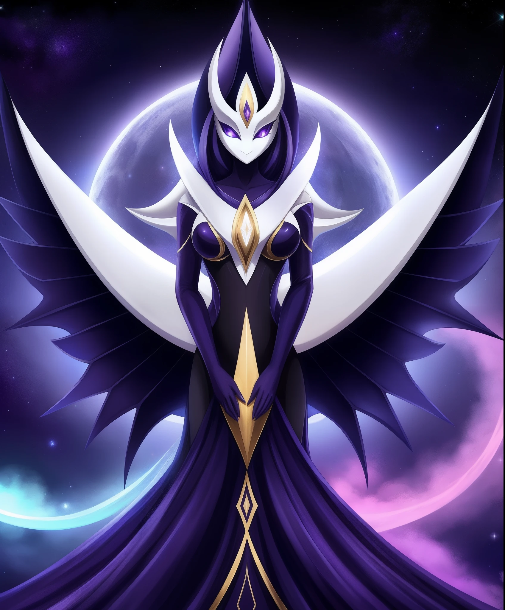 "Lunala, misterioso, Luz de la luna, elegante, Dark purple aura, cielo nocturno, Estrellas brillantes, Ethereal Beauty, Silueta elegante, Alas lunares, Mystical energy, murcielago