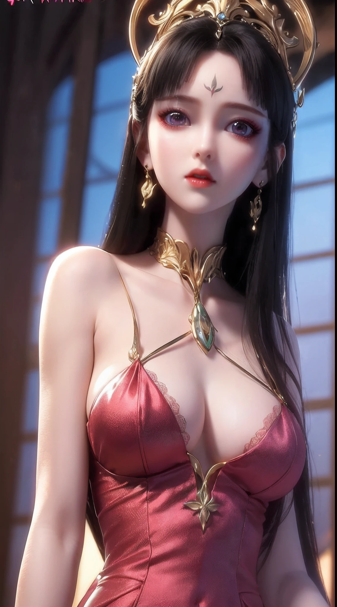 A girl from a magical world, wearing a thin, ((sexy red nightgown with black lace trim: 1.2)), deep slit shirt, long and silky black hair, the most beautiful and detailed hair jewelry, beautiful little face thin eyebrows, the most beautiful and spotless face, ((black iris:0.8)), the very beautiful eyes, big round eyes, ((purple color eyes:1.1)), fine and detailed makeup eyelashes, high nose, wearing earrings, small red lips, rosy face, clean face, beautiful face without blemish, smooth white skin, ((big breasts: 0.9)), Blums boobs, ((big and super round breasts:0.9)), ((super tight breasts:1.2)), ((breast augmentation: 0.8)), beautiful breasts, slim and petite body, ((thin waist: 0.9)), sexy girl, skirt, 8k photo, super high quality, super realistic, 10x super pixels, photo realistic, dark studio, border light, two tone light, (detailed skin high: 1.2), 8k uhd, dslr, soft light, high quality, volumetric light, candid, Photo, high resolution, light, best photo, 4k quality, 8k, Bokeh, Smooth and sharp, pixel up 10 times, (background space: 1.8), (galaxy: 1.7), aurora, lightning, super graphics, the most realistic graphics,(Aurora Background: 1.8), alone, solo, upper body, portrait 9:16, Extremely sharp, super realistic images,