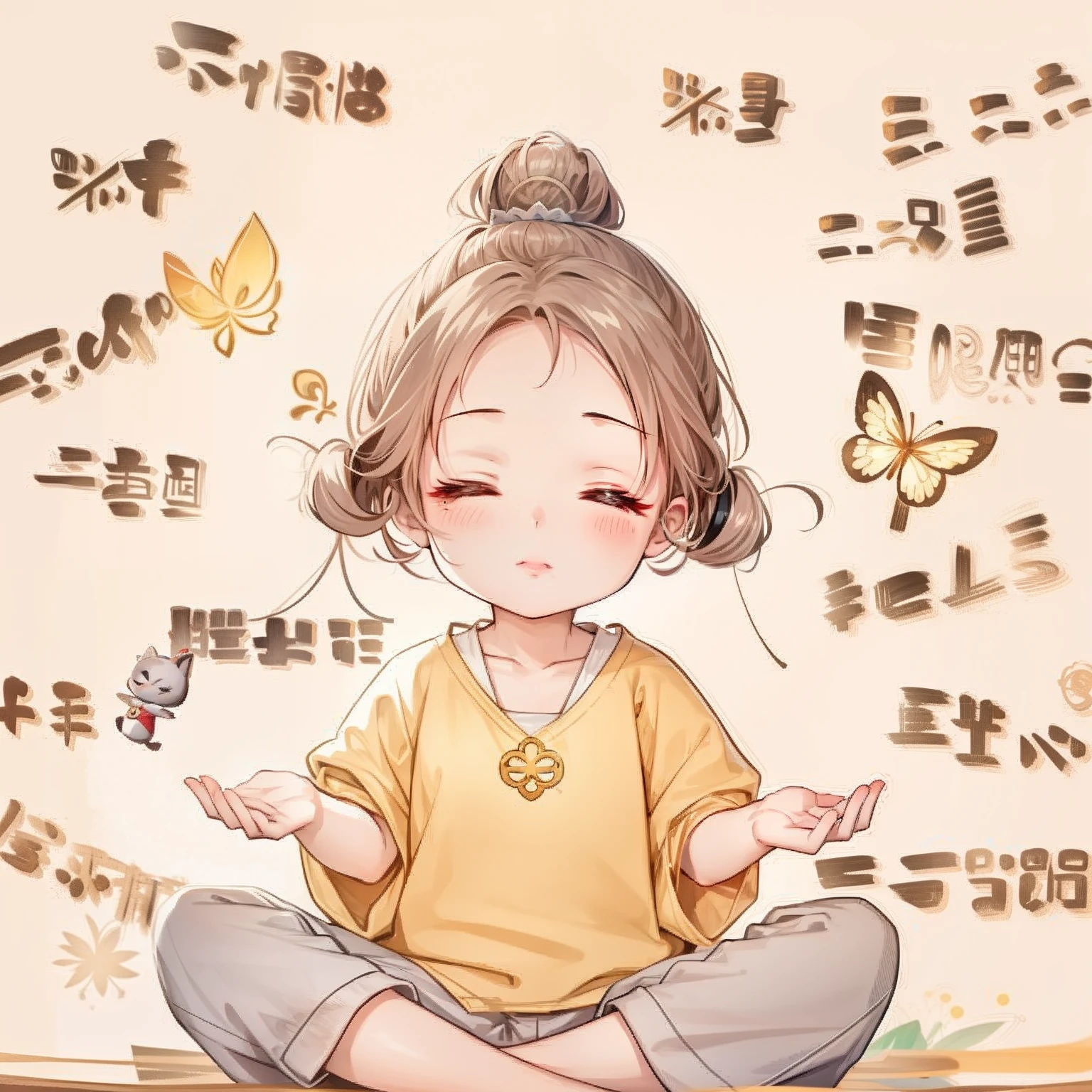 There is a girl sitting in the lotus position with her eyes closed, Middle metaverse, Meditating, author：Qu Leilei, author：Shitao, Meditation, by Yang J, serene illustration, By Li Song, lofi-girl, Guviz, 8K)), lovely art style, cute artwork, daily life