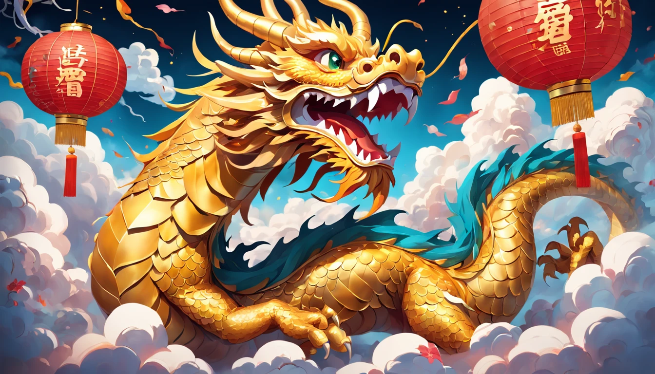 Cute golden Chinese dragon in the sky, Cloud, Sun, Wind, Lunar New Year, spring flowers, Red lantern, colorfull background, Highest quality, Full-HD, Happy Dragon, 2023, 。.3D, (paper art, Quilted paper art, Geometry), extremely colorful, Anime beauty, Extremely colorful, Colorful illustrations, aquarelle((Masterpiece))), illustration