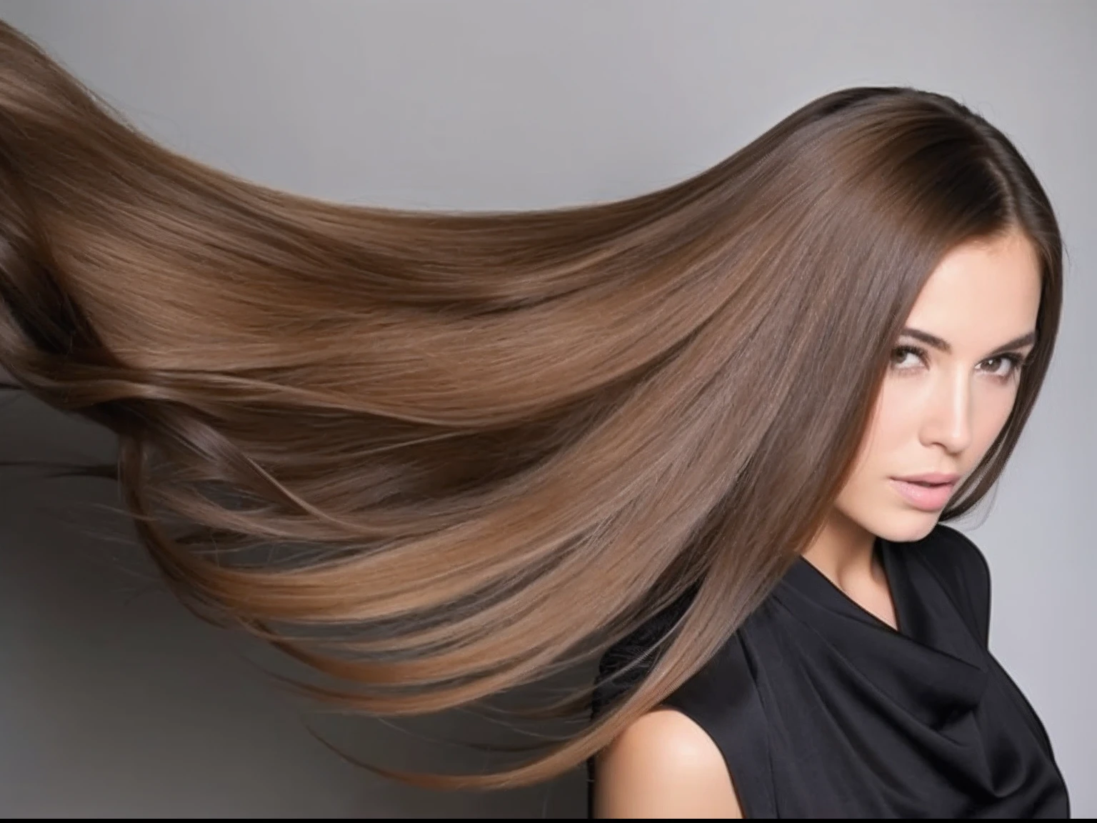 A woman with long brown hair is posing for the camera, cabelos longos flutuantes, cabelo liso sedoso perfeito, cabelo sedoso, brown flowing hair, cabelos lisos, long flowing brown hair, cabelos longos e brilhantes, cabelo escorrendo, cabelos finos e brilhantes, flowing long hair, cabelos longos centrados, cabelo fluindo para baixo, cabelo liso longo bonito, cabelos lisos, Rigid, secos, danificados, menina com cabelo longo