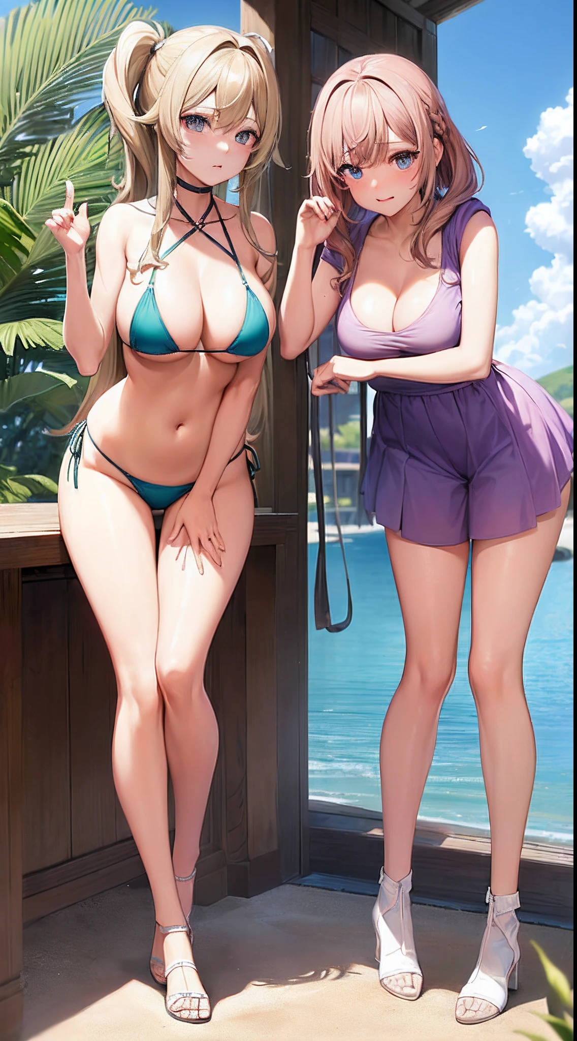 (full body Esbian:1.4),1girl in,(Leaning forward:1.3),Light Brown Fringe Longhair、Braided hair、disheveled hair、Light brown eyes、(Embarrassed look)、(Extraordinary beauty)、(Colorful micro bikini),oversized hoodie、(cleavage cutout),(Open Shirt),(爆乳)、Emphasize the valley、the beach、sand beach、blue-sky、Emerald Green Sea、(Photorealsitic)、(intricate detailes:1.2)、(masterpiece、:1.3)、(top-quality:1.4)、(超A high resolution:1.2)、超A high resolution、(A detailed eye)、(detailed facial features)、Barba Round