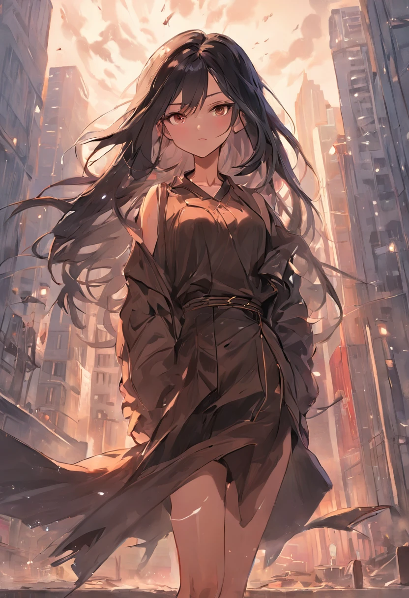 An adult female in a city,Has long and silky black hair in messy layers, Warm brown eyes reflect compassion and kindness. Her confident demeanor and elegant figure exude elegance,Stand in front of an impressive city background. Wear a delicate dark brown office dress and gladiator heels, Face the winds and weather of the apocalypse,She remains steadfast. Realistic imagery captures her captivating presence in the midst of chaos, Sparkling eyes draw viewers into a compelling visual narrative of strength and determination.