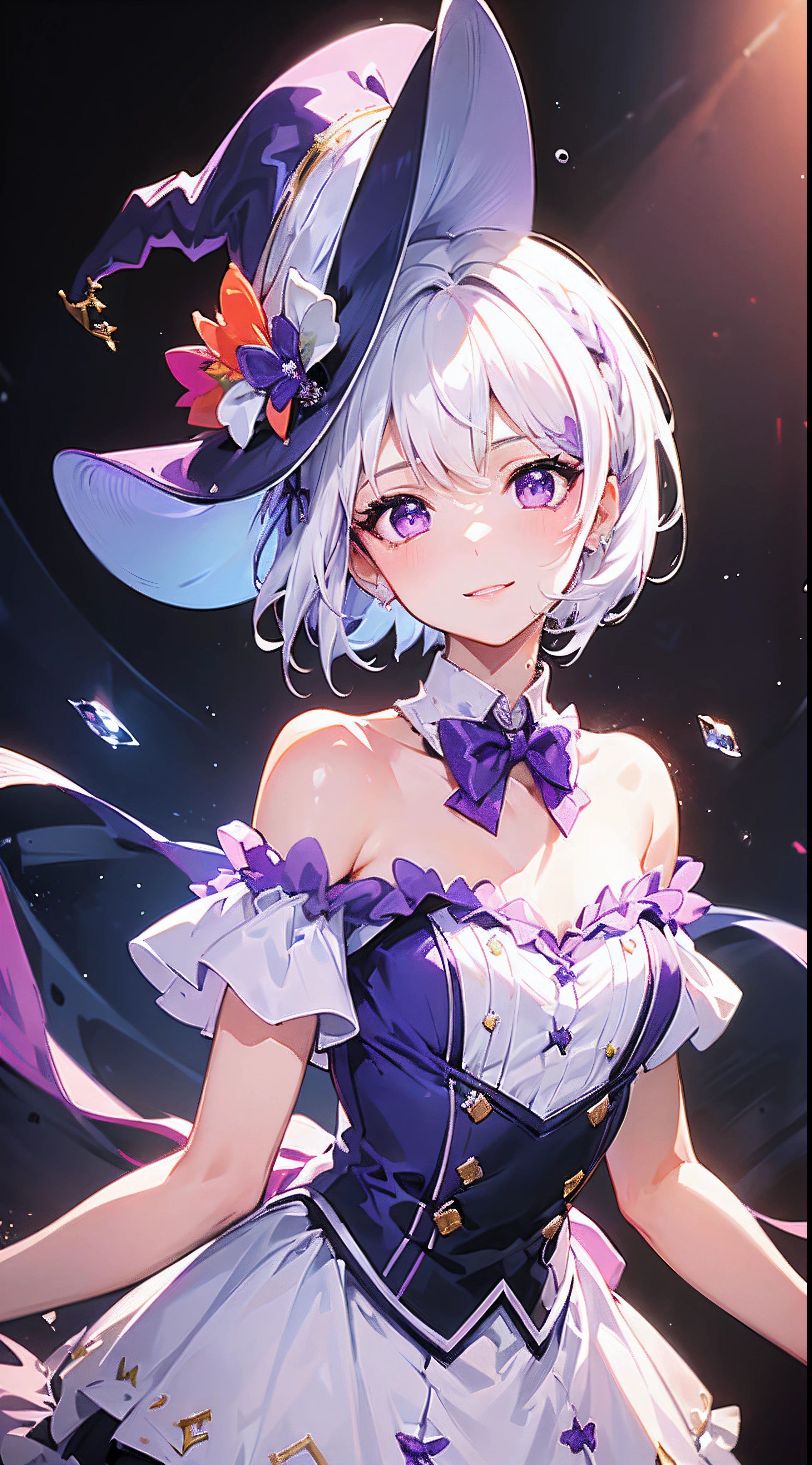 (Best quality),(4k), [highly grand details CG painting]!!,(cheer sticks),(((the Greatest masterpiece,))) (ultra detailed),(((idol))),(intricately details),(Natural,cute face),((((beautiful stage)))),(dynamic angles,)(aggressive raindrops),(dynamic lighting),(blooming,synthetic wave), (reality: 0.7), solo,1 girl,Long eyelashes,watery eyes,reflected eyes,eyes shadow,light purple eyes,((one purple bow tie)),((flat witch hat)), (blue off-the-shoulder shirt: 0.4),beautiful hair,gradiation hair, [blue dress]!!, white haired deity,straight hair,((elegant and conservative cloth)),seductive smile