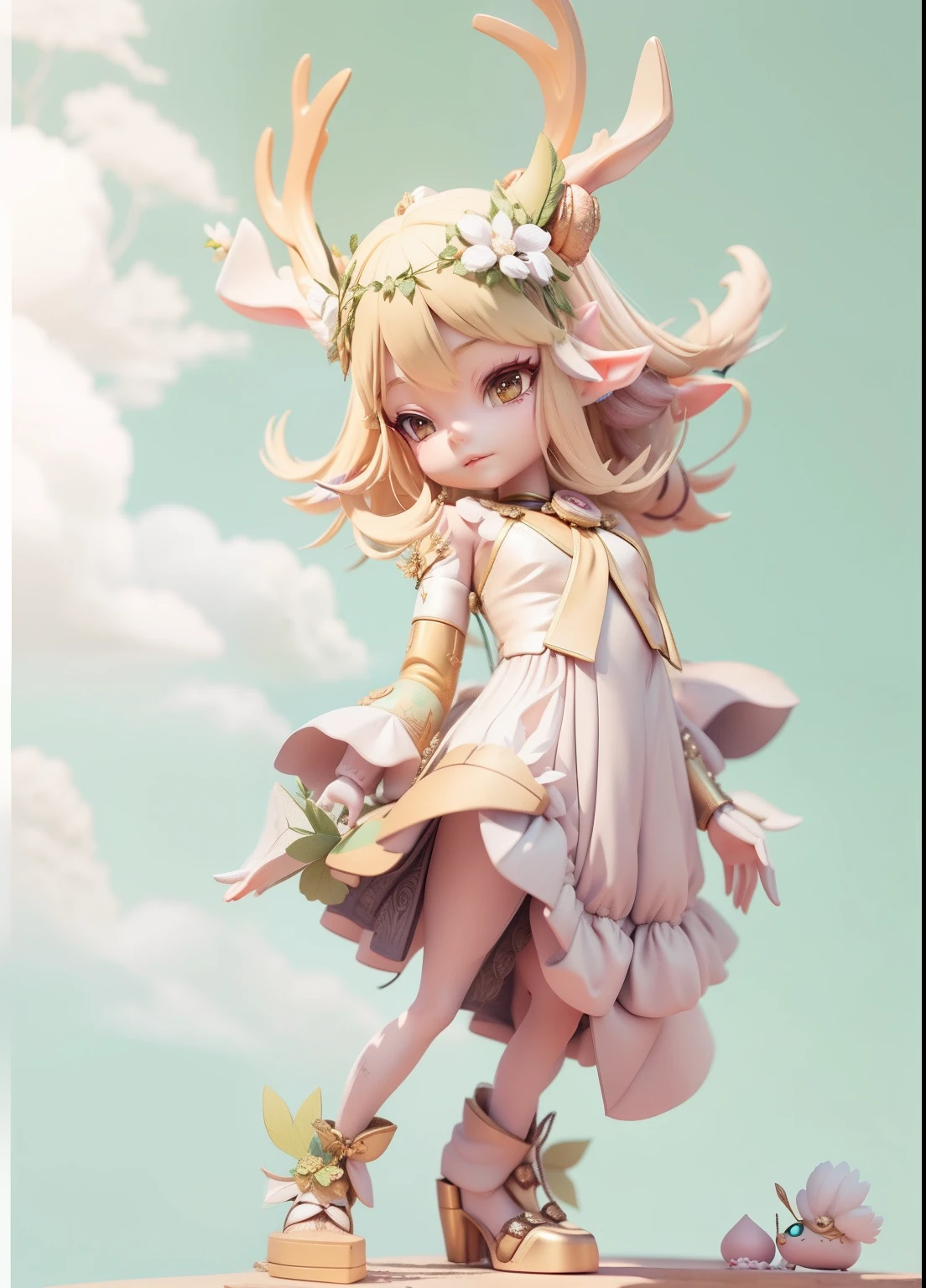 Close-up of the statue of the deer-headed woman, Stylized anime, anime styled 3d, render of a cute 3d anime girl, elf girl wearing an flower suit, cute character, 8K high quality detailed art, Anime Stylization, pixie character, Guviz-style artwork, style of wlop, small curvaceous loli