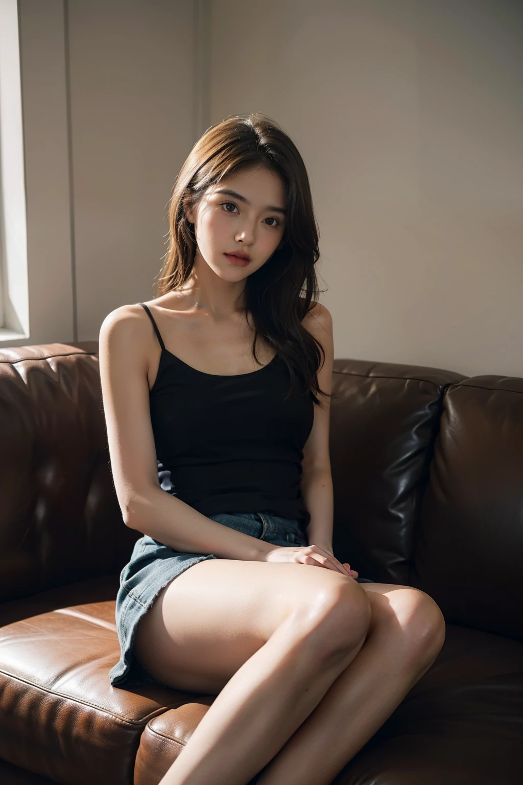 1girll,Sit on a comfortable sofa,Cross ed leg,Soft light
