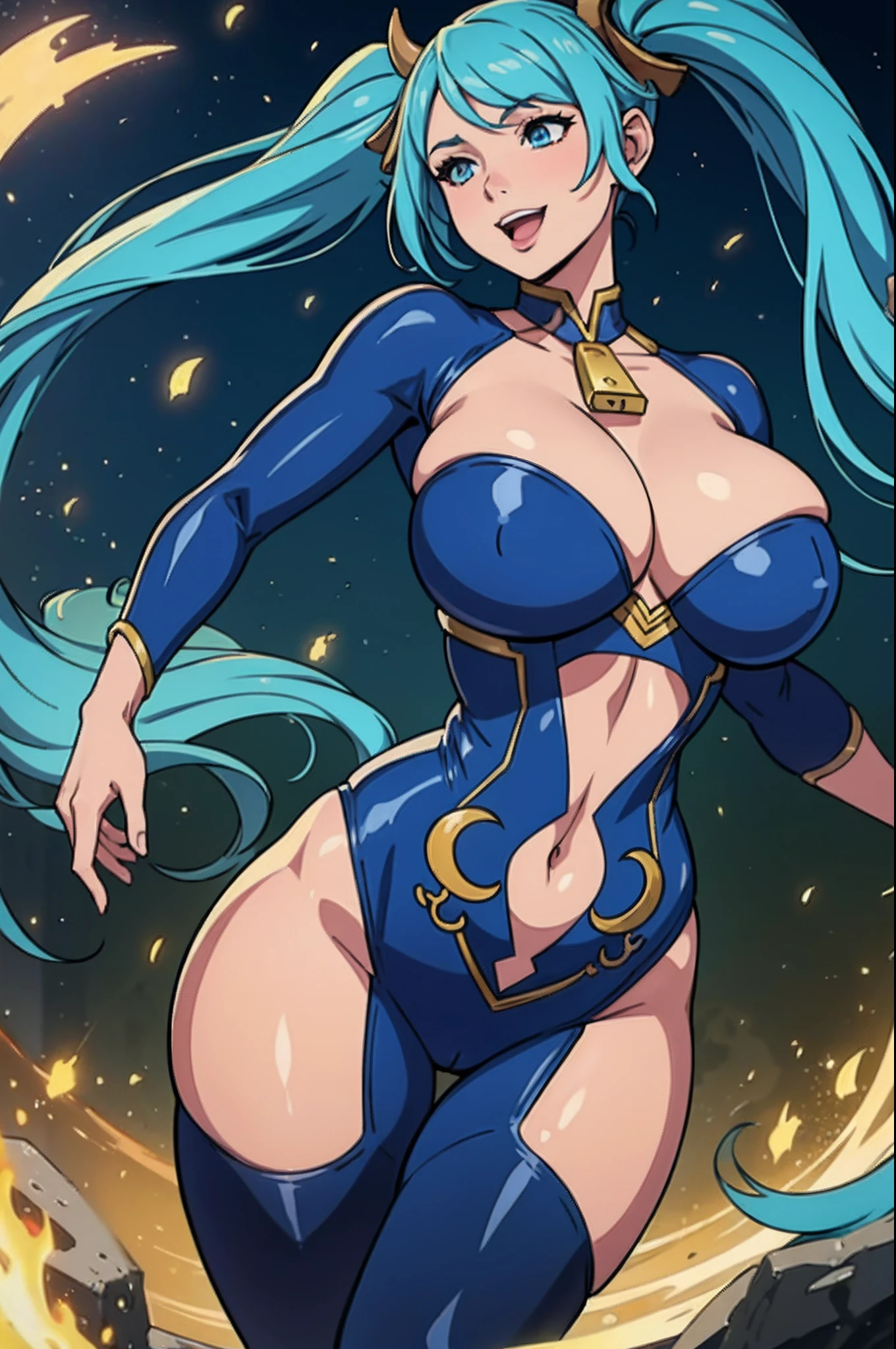 (masterpiece, official art), sona buvelle, league of legends, (huge breasts, giant breasts, curvy, voluptous), year of the ox, ((cow print tight full closed bodysuit)), (closeup), (portrait), smile, open mouth, splash art, twintails, gradient hair, hair ornament, blue hair, yellow hair, blue eyes, art by sciamano240,