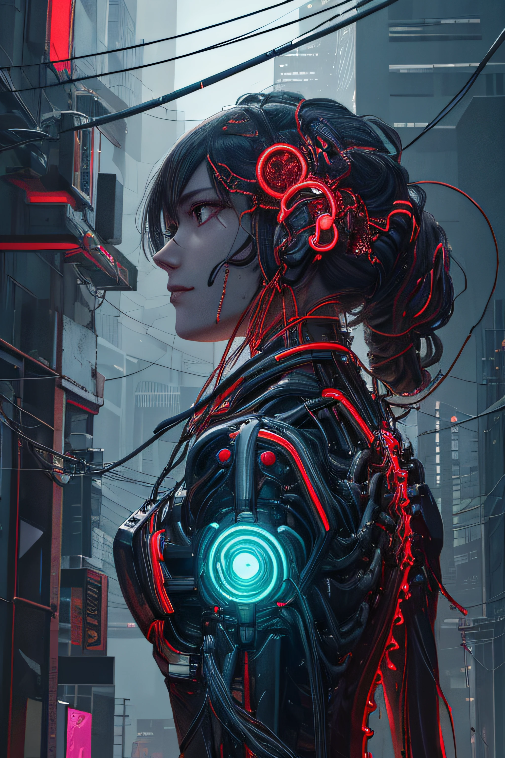 1机械女孩,((hyper realistic detailed)),sportrait,globalillumination,shadowing,rendering by octane,8K,Super sharp,metals,复杂,Decorations detailed,cool colours,egypician detail,highly intricate detail,realistic raytraicing,CGSociety trends,glowing light eyes,facing at the camera,neon light detail,Mechanical limbs,blood vessels attached to the tube,A mechanical vertebrae attached to the back,Mechanical cervical connection of the neck,sitted,wires and cables connecting to head,cyberpunk backgrouns