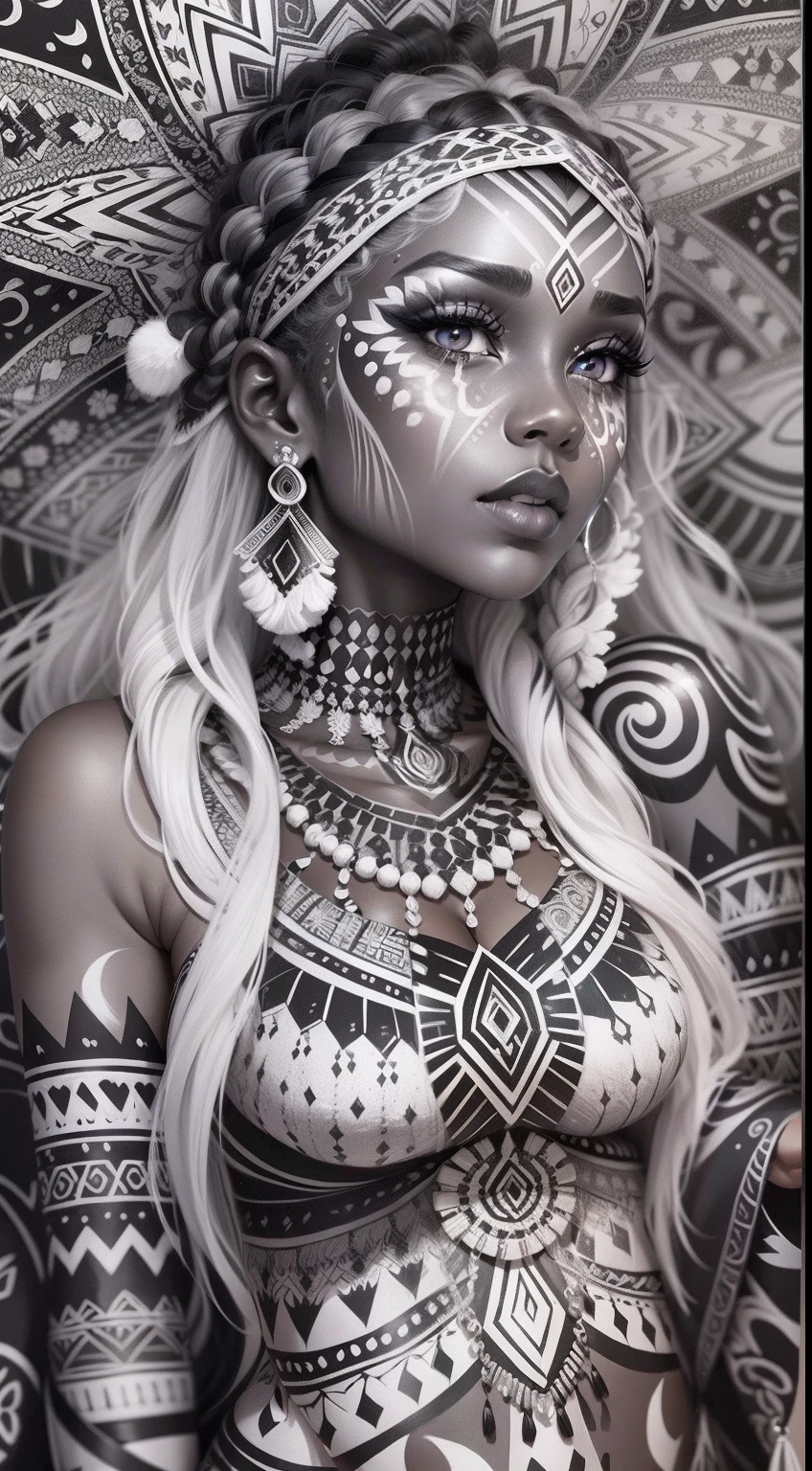 colouring book page, black and white, 32k, full body view, very beautiful tribal brown skin girl with excessive intricately detailed vivdly black and white facepaint bodypaint makeup, stunning radiant eyes, gorgeous white hair with highlights, magical night sky background