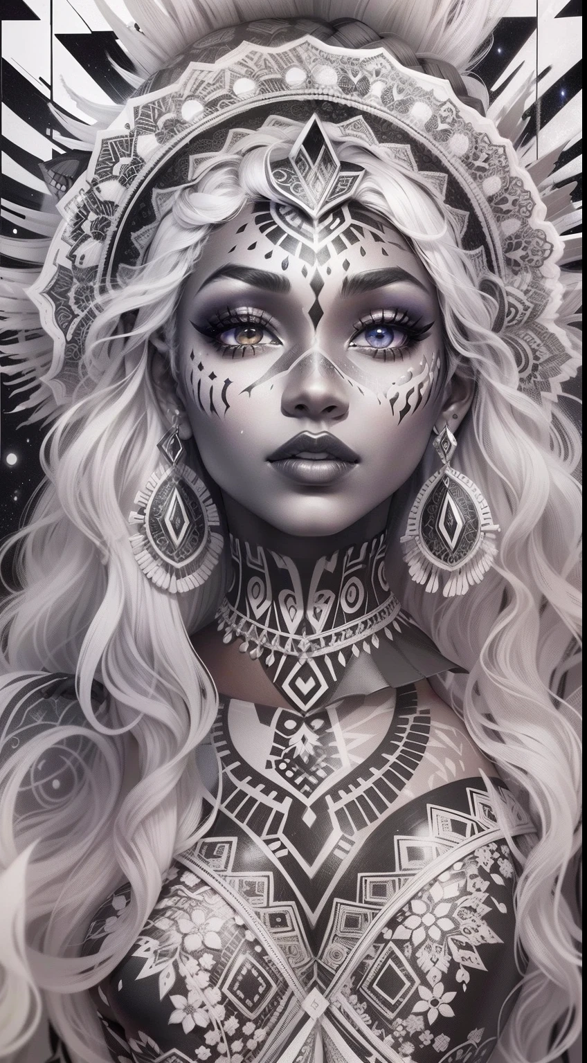 colouring book page, black and white, 32k, full body view, very beautiful tribal brown skin girl with excessive intricately detailed vivdly black and white facepaint bodypaint makeup, stunning radiant eyes, gorgeous white hair with highlights, magical night sky background