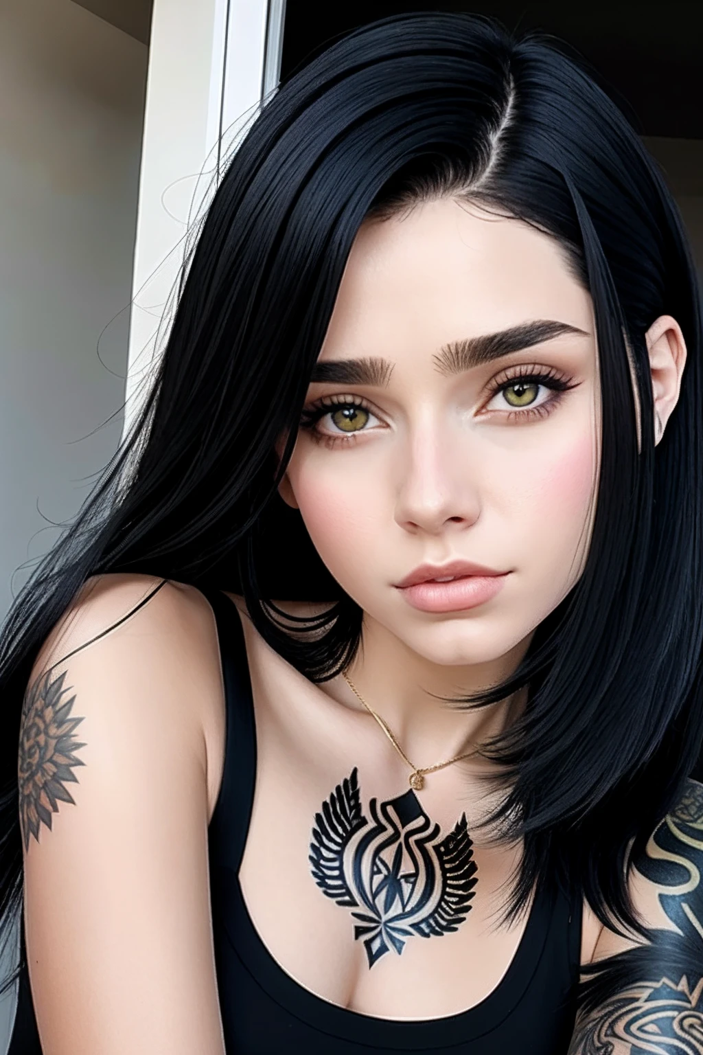 A closeup of a beautiful woman with a tattoo on her arm, atraente, Foto de perfil do headshot, cabelo e maquiagem escuros, cabelo escuro maravilhoso, detailed face, detailed skin, with pale skin, pale glowing skin, She has black hair, messy black hair, pale fair skin!!, meninaabelo preto, Natalya Krasavina, cabelo preto rosto bonito, pale skin!, cabelos escuros