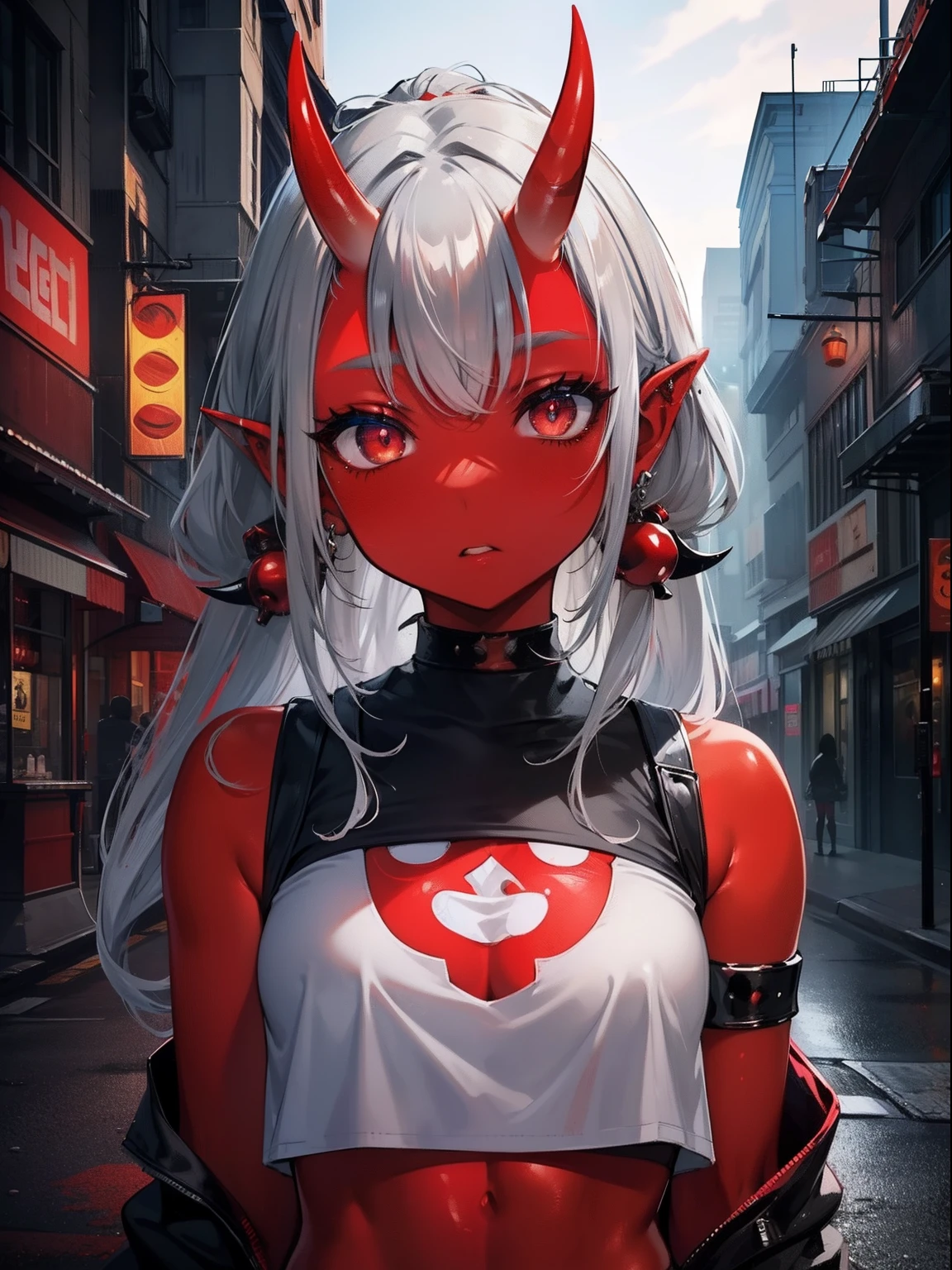(Masterpiece, Best quality, ultra high resolution),1girl,oni horns,oni girl,(colored skin,red skin,red skin tone),black crop top,rock punk fashion, beautiful and detailed face, detailed eyes,in the street,(grey theme)
