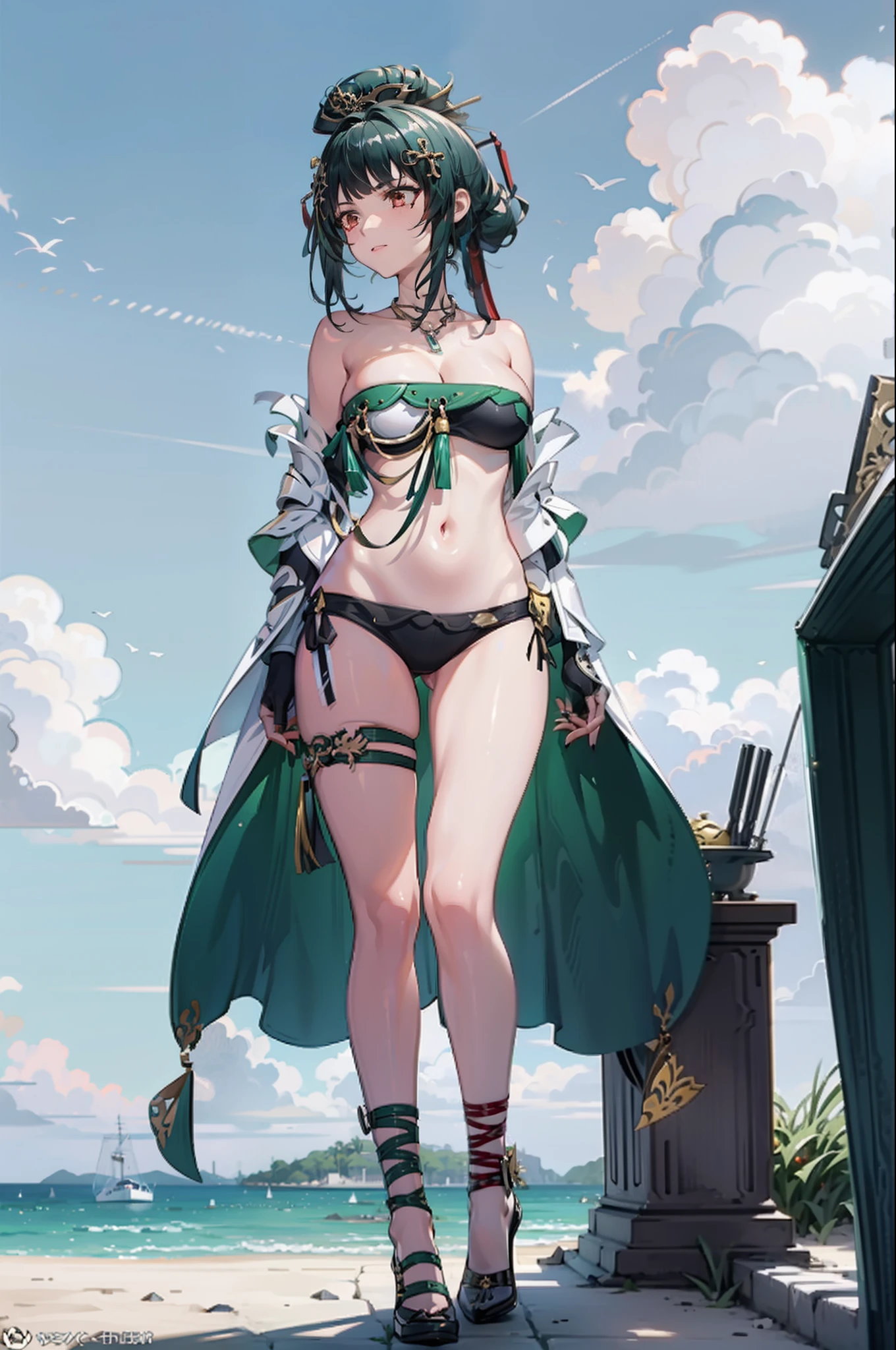 Anime characters standing on the beach,Palm trees and boats in the background, ornate bikini armor, bikini armor, From the night of the ark, azur lane style, A scene from the《azur lane》videogame, bikini armor, pixiv 3dcg, 《azur lane》role, bikini armor, arknight, full-body xianxia, 8 k character details