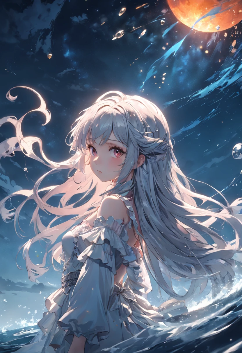 ((masterpiece)), ((best quality)), ((illustration)), extremely detailed,style girl, long shot, small breast,light grey very_long_hair, scifi hair ornaments, beautiful detailed deep eyes, beautiful detailed sky, beautifuldetailed water, cinematic lighting, dramatic angle, (very long sleeves), frills, formal, close to viewer, (an extremely delicate and beautiful),best quality,highres,official art,extremely detailed CG unity 8k wallpaper, ((starry sky)), star river,array stars, Holy, noble, ((oil painting)) , ((wallpaper 8k CG)), (realistic), Concept Art, vary blue and red and orange and pink hard light, intricate light, dynamic hair, haircut, dynamic fuzziness, beautiful and aesthetic, intricate light, manga and anime