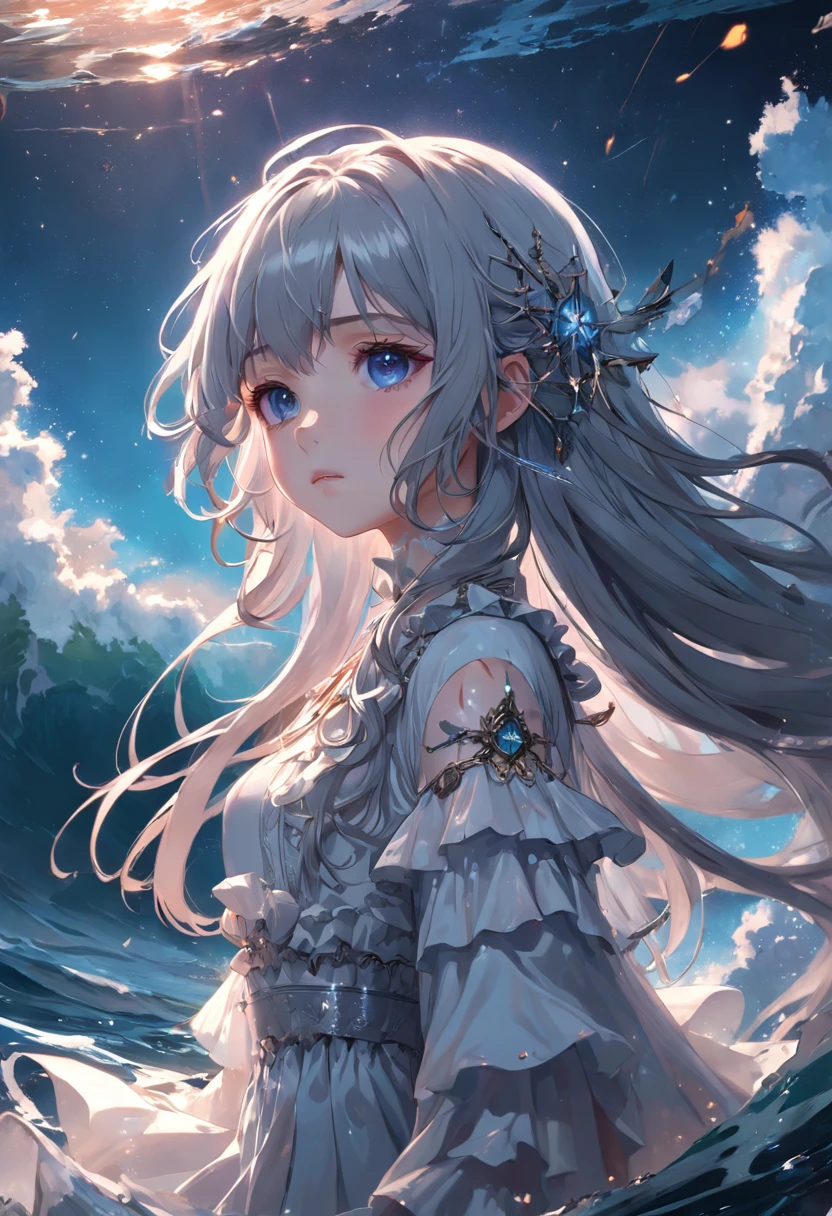 ((masterpiece)), ((best quality)), ((illustration)), extremely detailed,style girl, long shot, small breast,light grey very_long_hair, scifi hair ornaments, beautiful detailed deep eyes, beautiful detailed sky, beautifuldetailed water, cinematic lighting, dramatic angle, (very long sleeves), frills, formal, close to viewer, (an extremely delicate and beautiful),best quality,highres,official art,extremely detailed CG unity 8k wallpaper, ((starry sky)), star river,array stars, Holy, noble, ((oil painting)) , ((wallpaper 8k CG)), (realistic), Concept Art, vary blue and red and orange and pink hard light, intricate light, dynamic hair, haircut, dynamic fuzziness, beautiful and aesthetic, intricate light, manga and anime