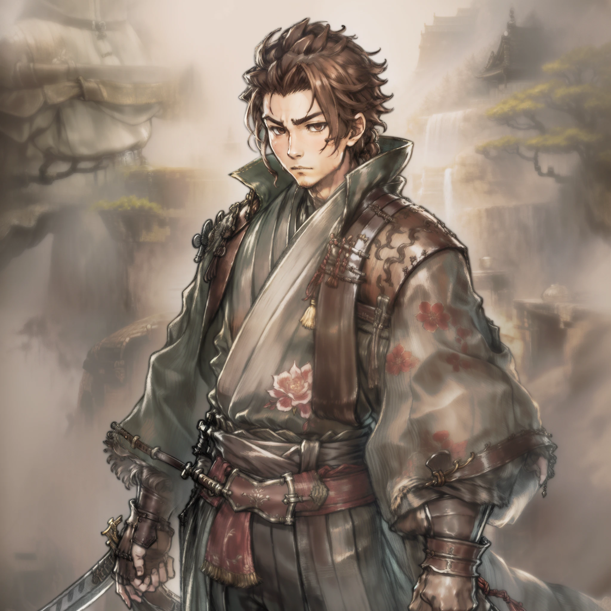 Game Art design, Octopath Traveler 2, 1boy, hikari ku, (solo:1.4), brown hair, ponytail, samurai warrior wearing a katana on his waist belt, japanese clothes with ornaments, yoroi, extremely detailed face and eyes, absurdes