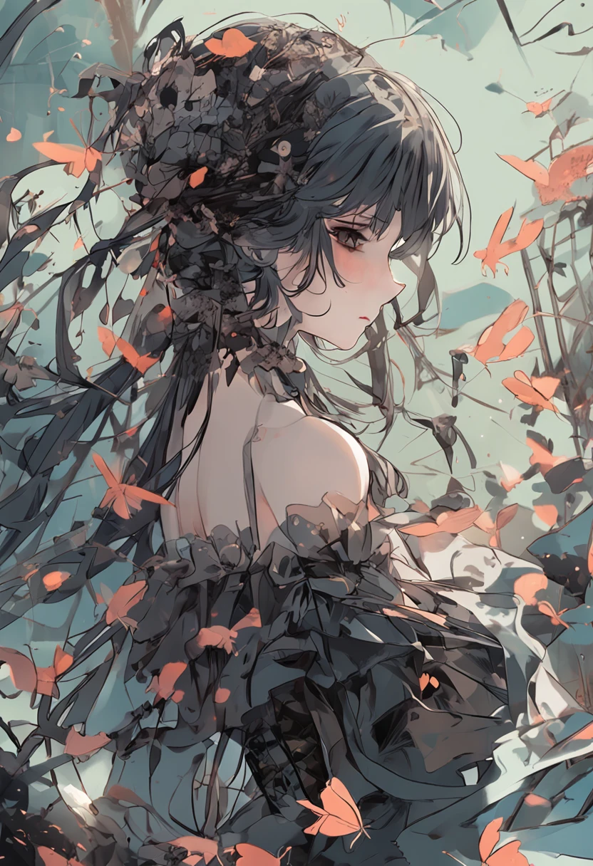 anime art style, a woman in a dress made of ferrofluid threads and flowers, white background, waist up shot