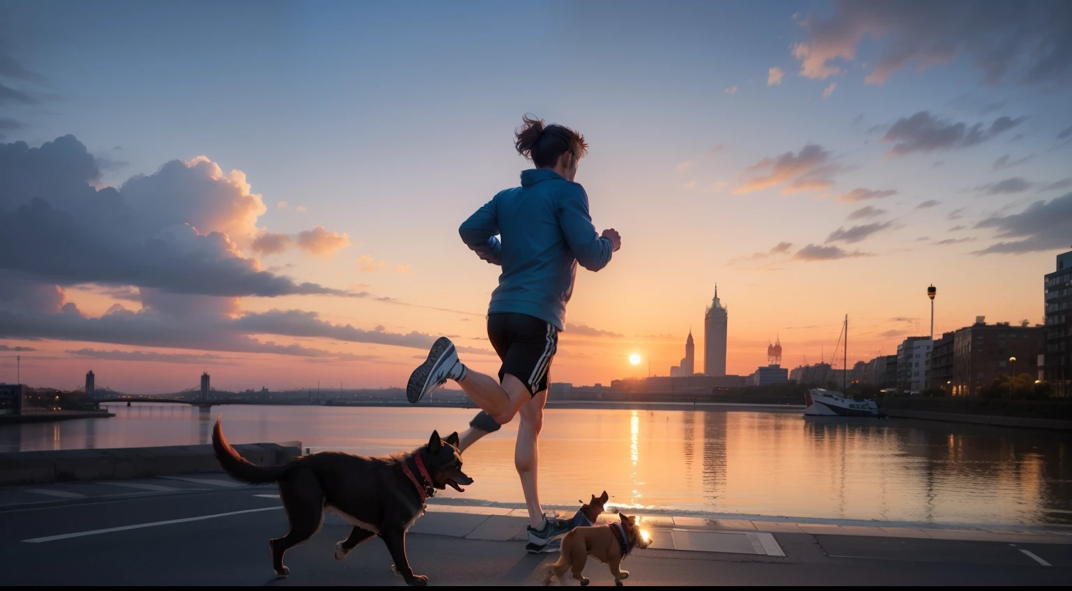 Sunset Man running with dog on embankment
