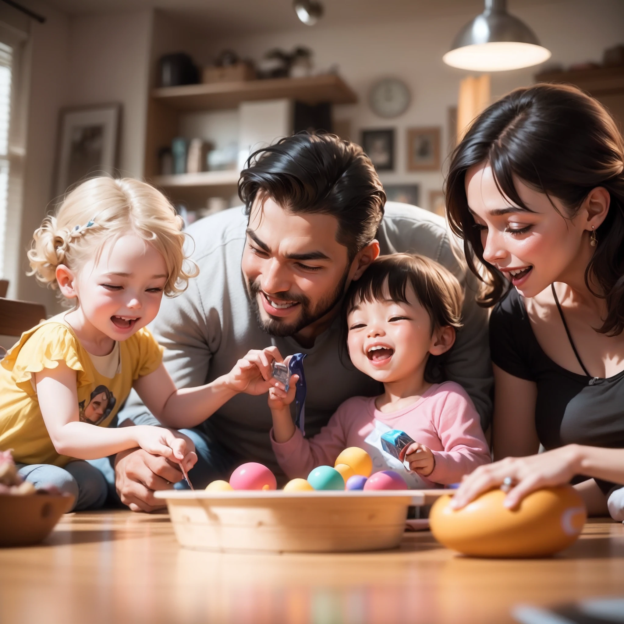 a modern inclusive family having fun together doing indoor activities, award winng photography capturing moments in life, hyper realistic, ultra detailed, cinematic lighting, sharp focus, depth of field, 4k, happy memories, no text, wide shot, 70s family album photography style --auto --s2