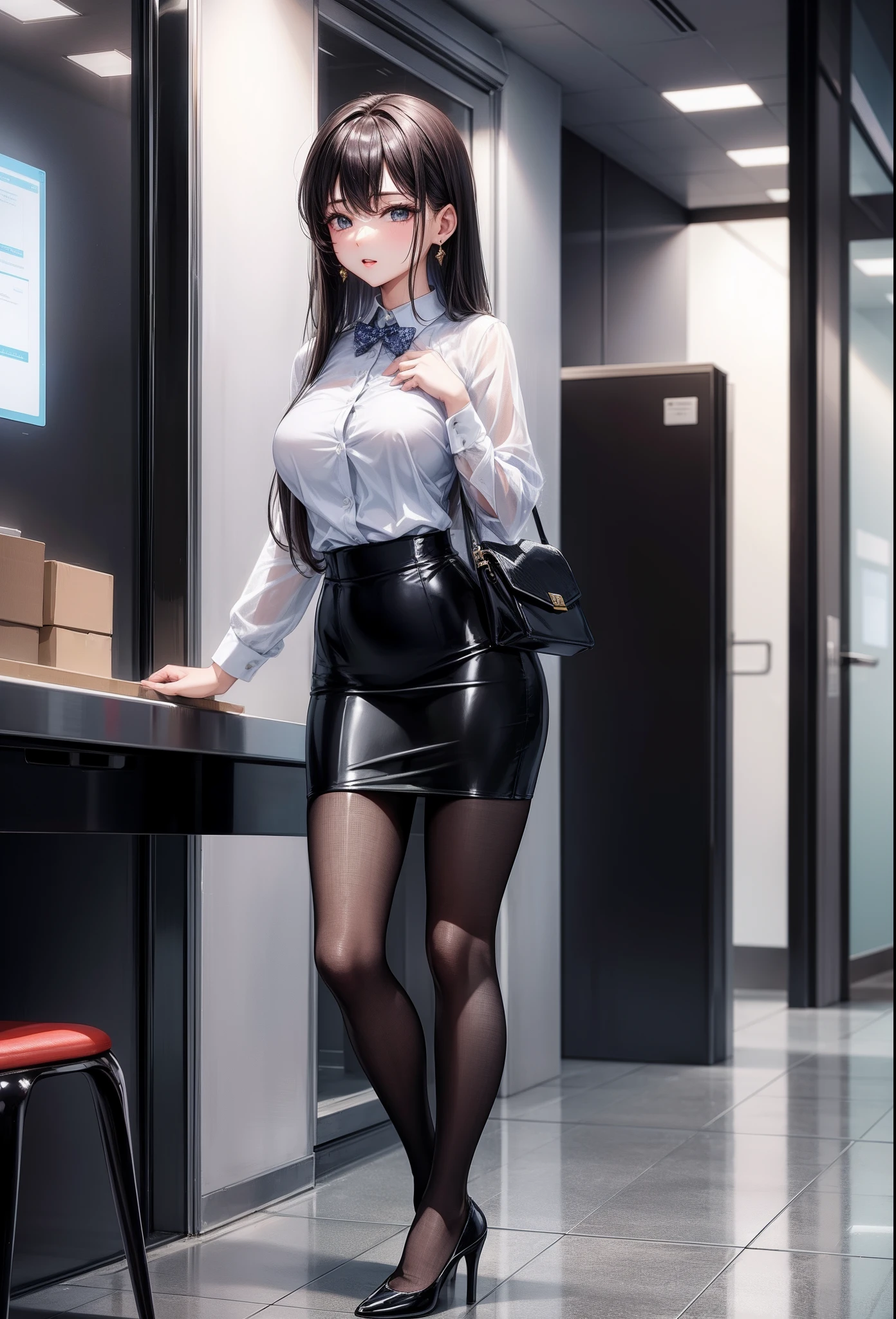 OL、a beauty girl、Excellent style、Nice Buddy、glamorous、Business suits、skirt by the、pantyhose、high-heels、s Office、is standing、full body seen