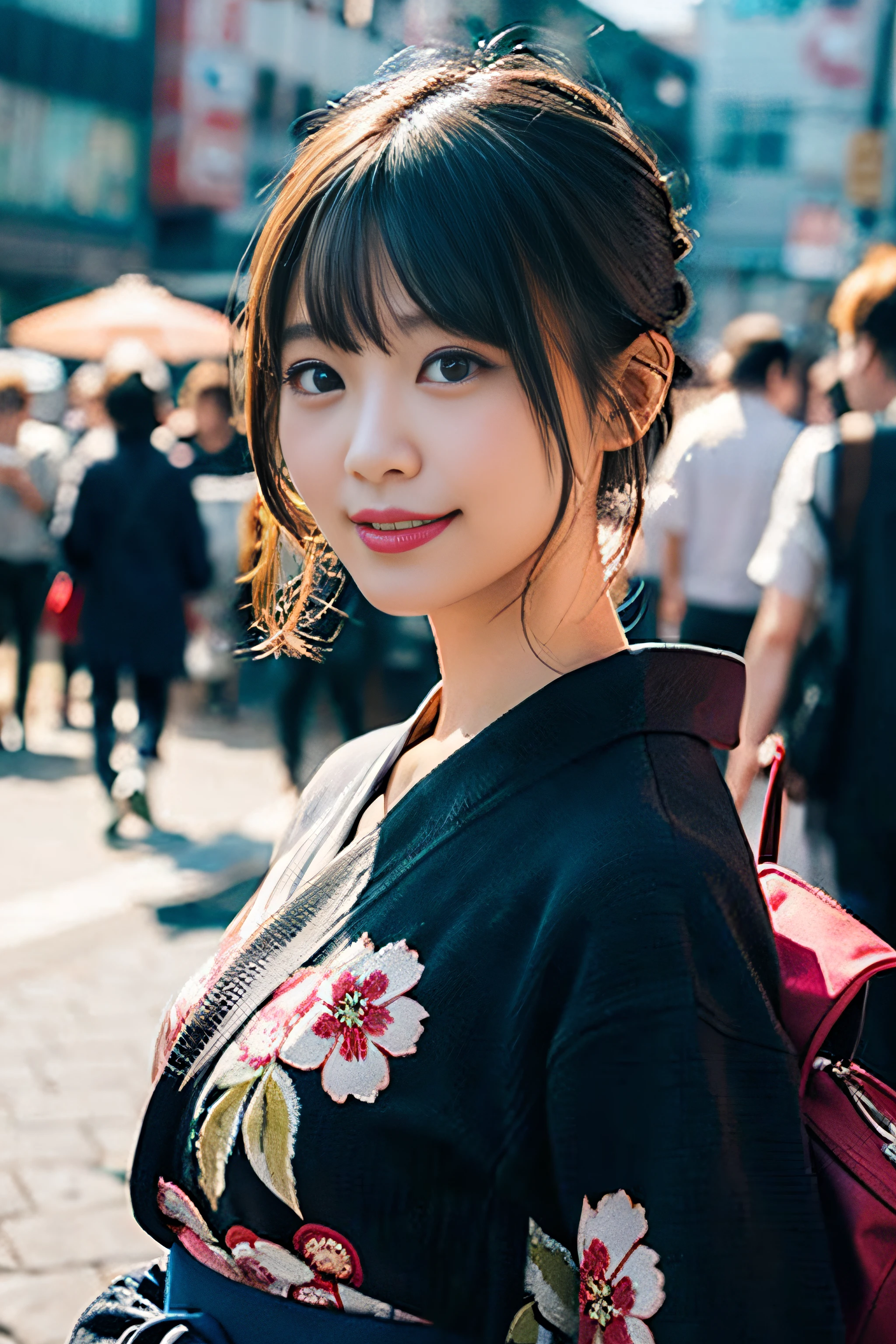 (8K、Raw photography、top-quality、​masterpiece:1.2)、(realisitic、Photorealsitic:1.37)、ultra-detailliert、超A high resolution、女の子1人、see the beholder、beautifull detailed face、A smile、Constriction、(Slim waist) :1.3)、Beautiful detailed skin、Skin Texture、Floating hair、Professional Lighting、Whole human body、Longhaire、a blond、Bob Hair、Happy smile、In the street、matsuri、Japanese Yukata