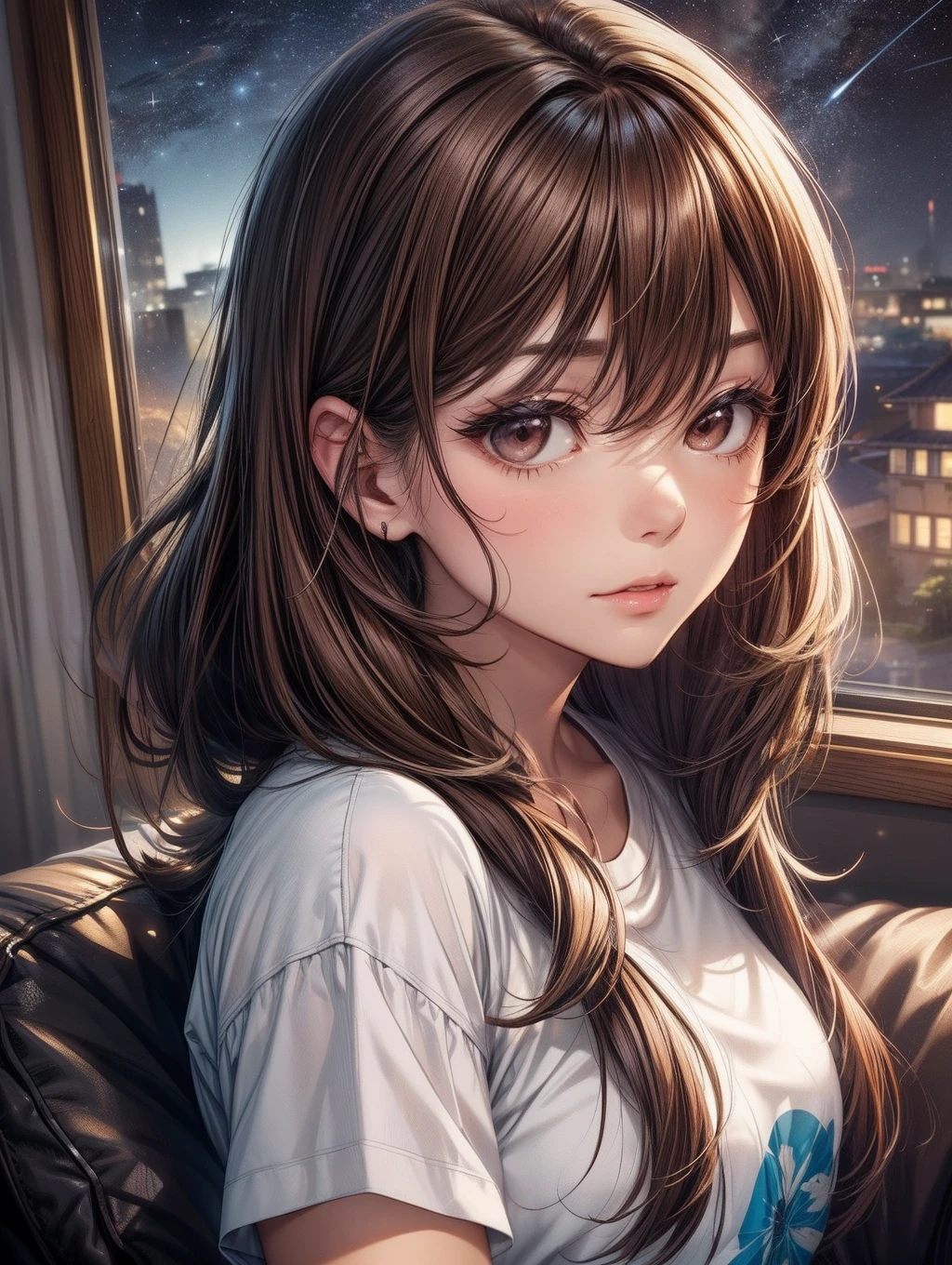 Best Quality, masutepiece, beautiful mature women、Beautiful face、Strong-minded woman、tshirts、brown haired、Brown-eyed、Longhaire、Undersized eyes、I can see the night sky from the window at home、((The dim))、sleepy