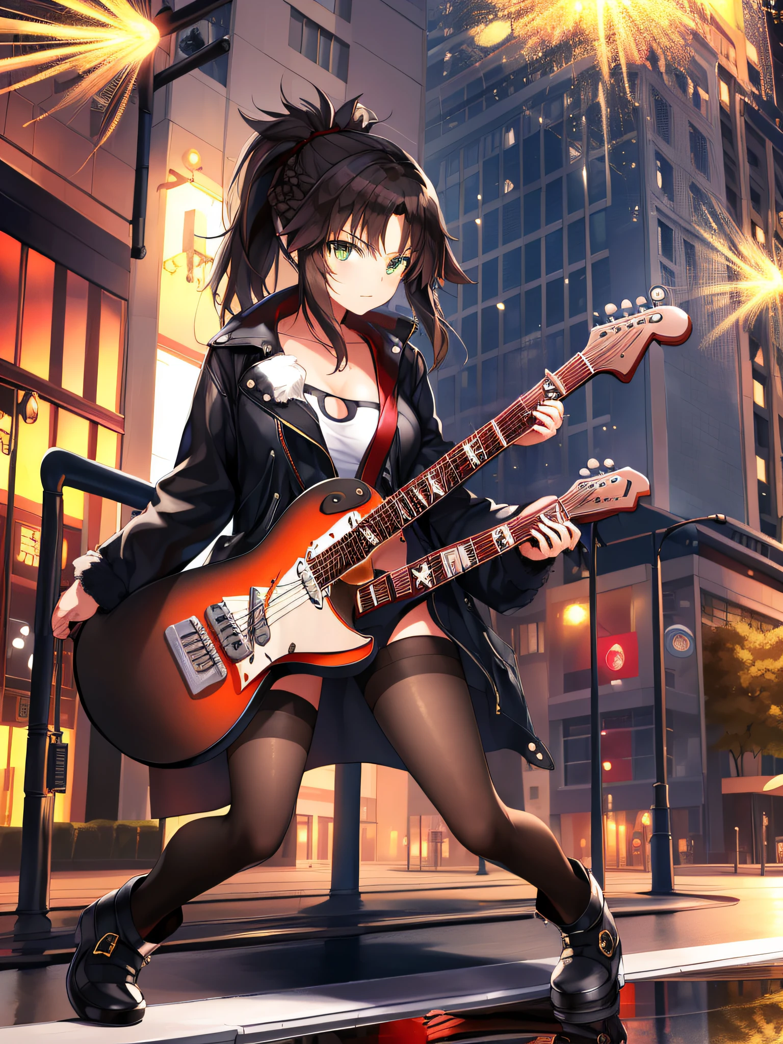 masterpiece,best quality,1girl,solo,looking at viewer, fur \(clothing\), playing instrument, livestream, black hair, black legwear,(electric guitar:1.4), reflection, splash, droplets, rust, sparks, asphalt, ground vehicle, (sports car), (super car), mechanical,burning,