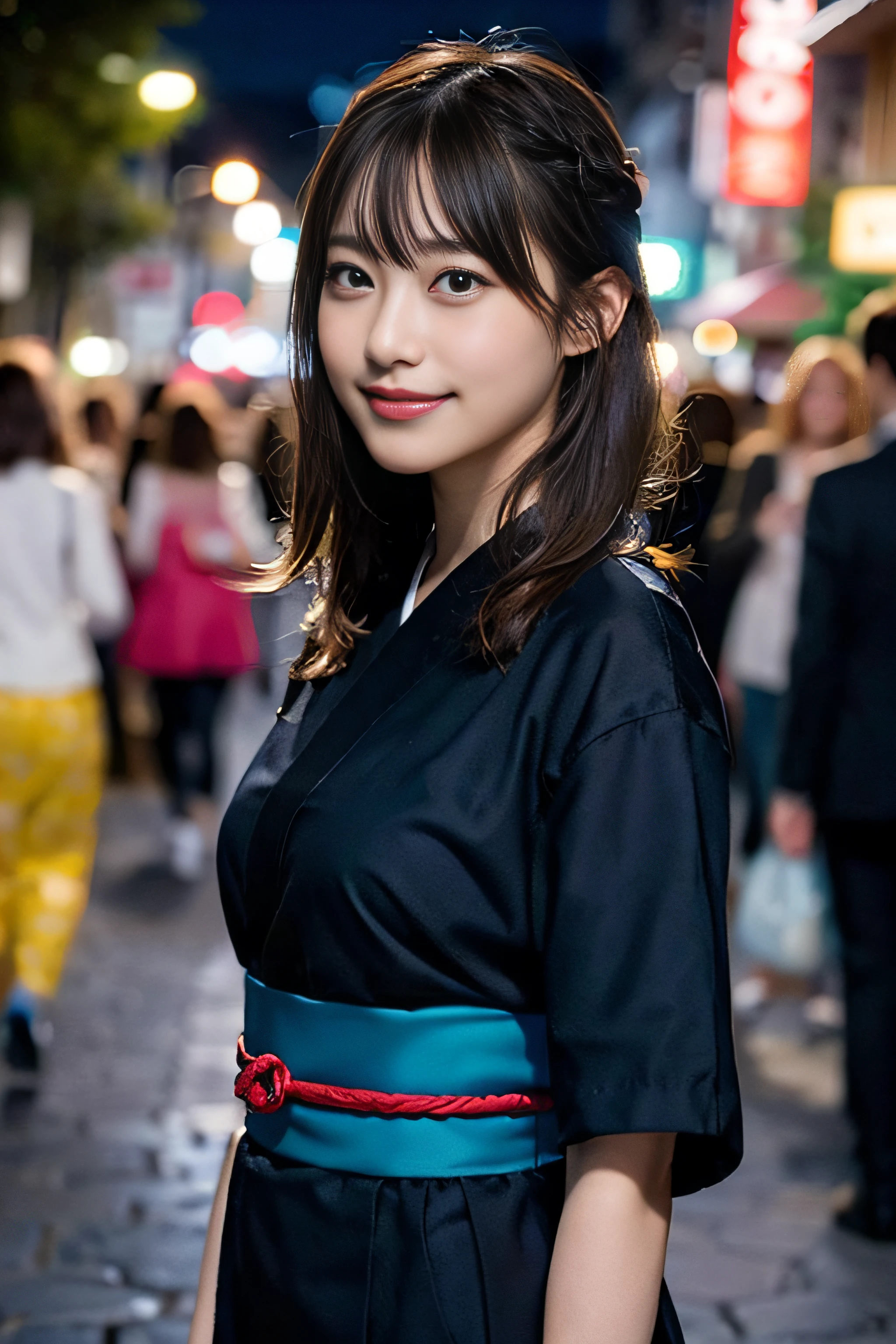 (8K、Raw photography、top-quality、masterpiece:1.2)、(realisitic、Photorealsitic:1.37)、ultra-detailliert、超A high resolution、1人、see the beholder、beautifull detailed face、A smile、Constriction、(Slim waist) :1.3)、Beautiful detailed skin、Skin Texture、Floating hair、Professional Lighting、Whole human body、Longhaire、a blond、Bob Hair、Happy smile、In the street、matsuri、Japanese Yukata