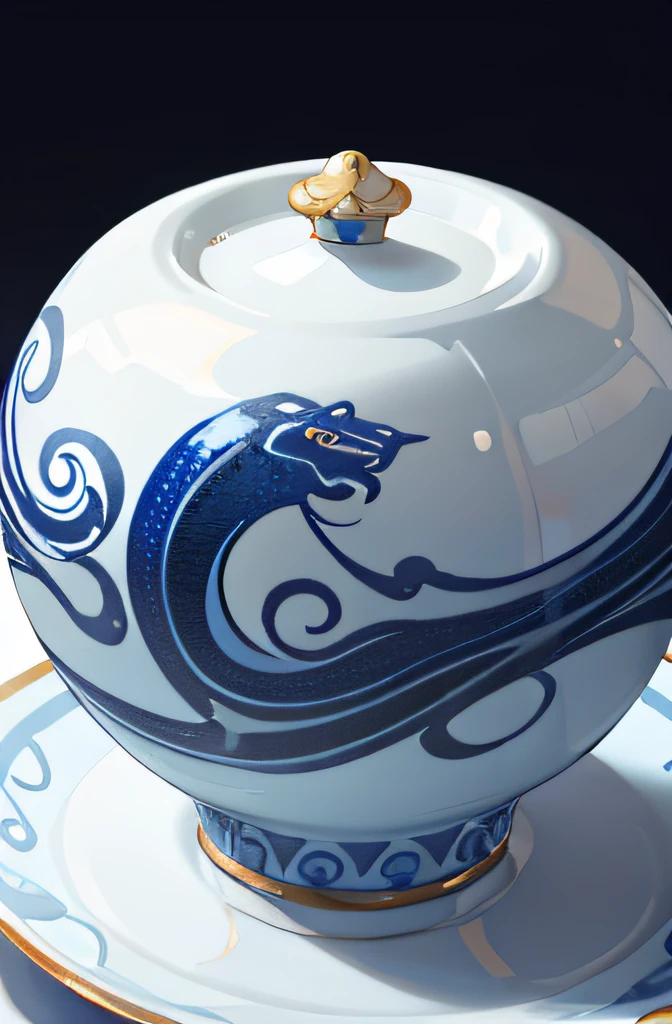 chinaware，Blue and white porcelain，Qing Xuantong blue and white porcelain，distinctive，Close-up of details，photorealestic，high saturated，plethora of colors，Dark pattern，dear，Chinese dragon pattern，The full picture of the item，（Whole body diagram:1.2），opulent