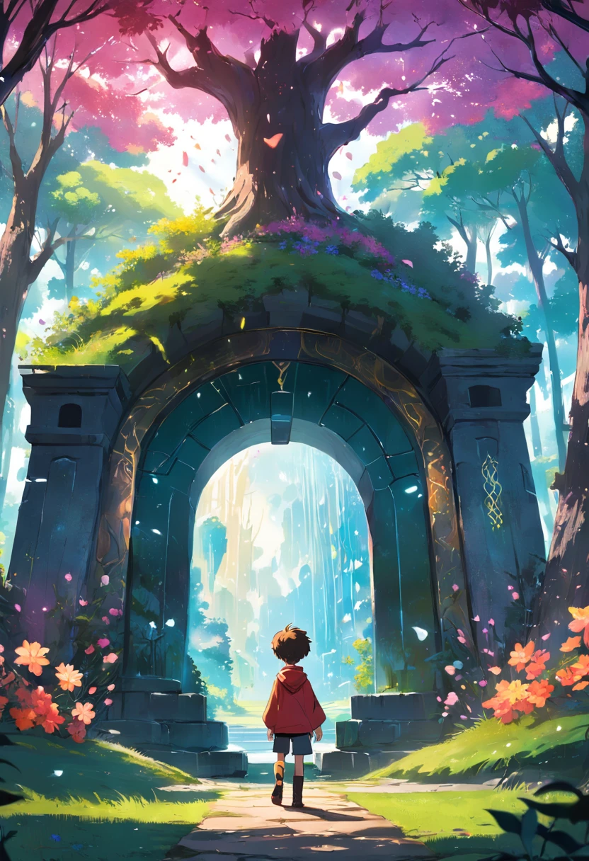 A magic portal appears between the trees,Shines brightly. The portal has ancient runes on its surface. In the background is a garden,There are colorful flowers and tree-lined trees. No primeiro plano,Look back at the portal, There was an 8--old wearing a sweater, Boots, And pants, and his Golden Retriever, As tall as a boy, Wear a red collar.
