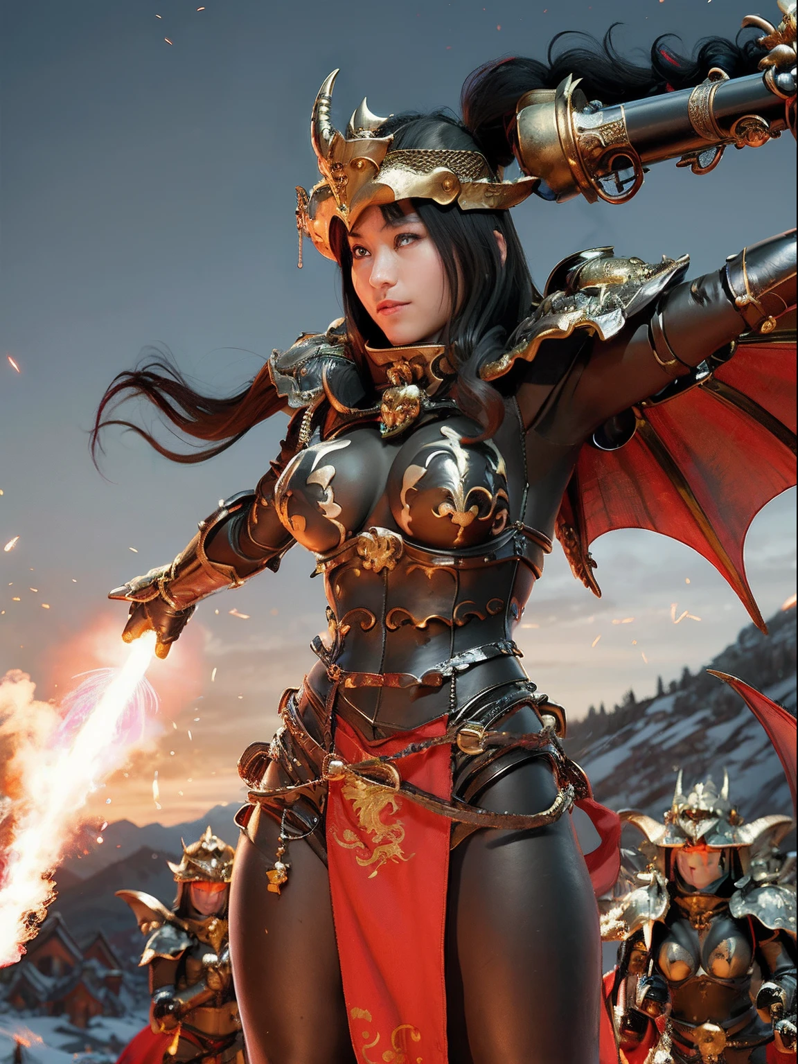 Professional , masterpiece、top-quality、photos realistic , depth of fields 、(Dragon Black Metal Body:1.9),(Mattretto、(cleavage of the breast)、Dragon Gold Weapon、(Micro Bikini Armor:1.4),Gorgeous gold weapons ,Particles of light、Particles of light、(( Dragon's dense and gorgeous sword)) , (demonic wings)、((a blond))、(Castle background)、Fight dragons、intense fighting、((Gangle's forest background))、Take intense poses、Beautiful Caucasian beauty、1a person、dynamic ungle,(((Detailed and ornate dragon helmet)))、Smaller head、A smile、Castle background、Thin and beautiful female hands、cleavage of the breast、Soldier in iron armor on background、Mystical expression、Light Effects、intense fighting、Wind-effect、magic circles、With the legendary magic wand、Dragon's tail、explosions、