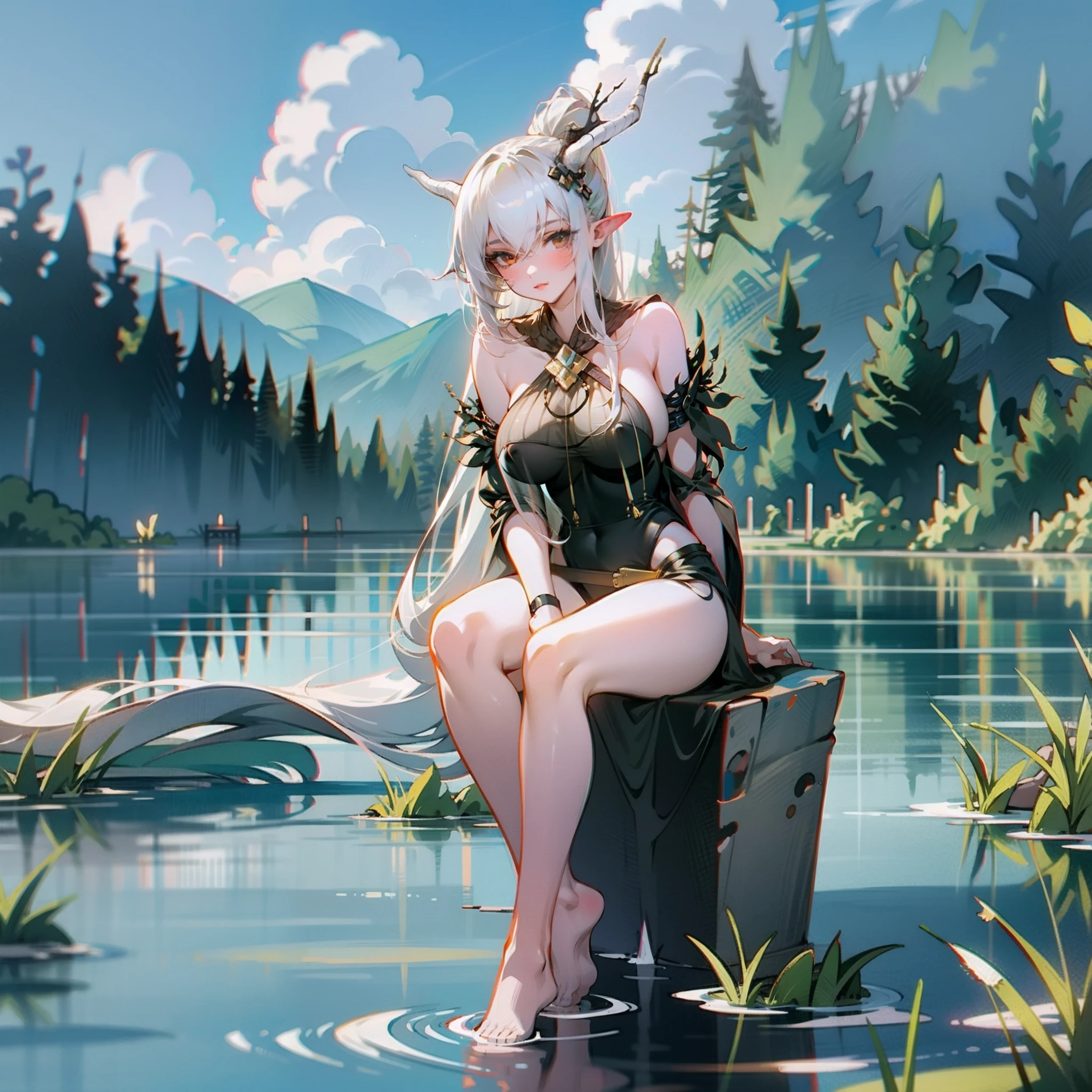 1girl, shininghead, perfect tits, full body, lake, sits, high resolution