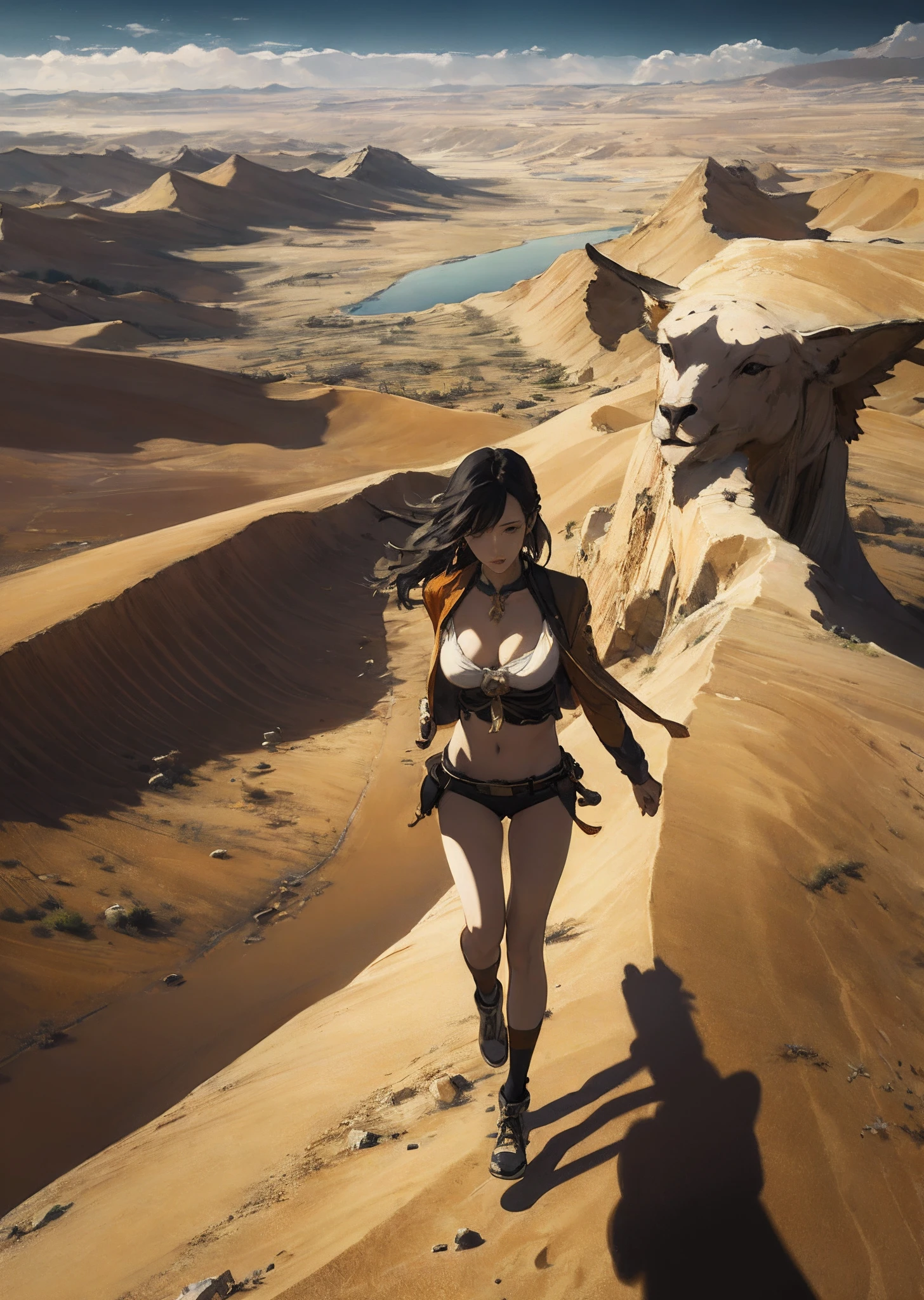 A desert，oases，camelstoe，teens girl，Raised sexy，cleavage，silkouette，dunhuang，Flying，Full body like，in a panoramic view，A high resolution，very high res，Add details，Wallpapers，Film light and shadow，ambient lights，