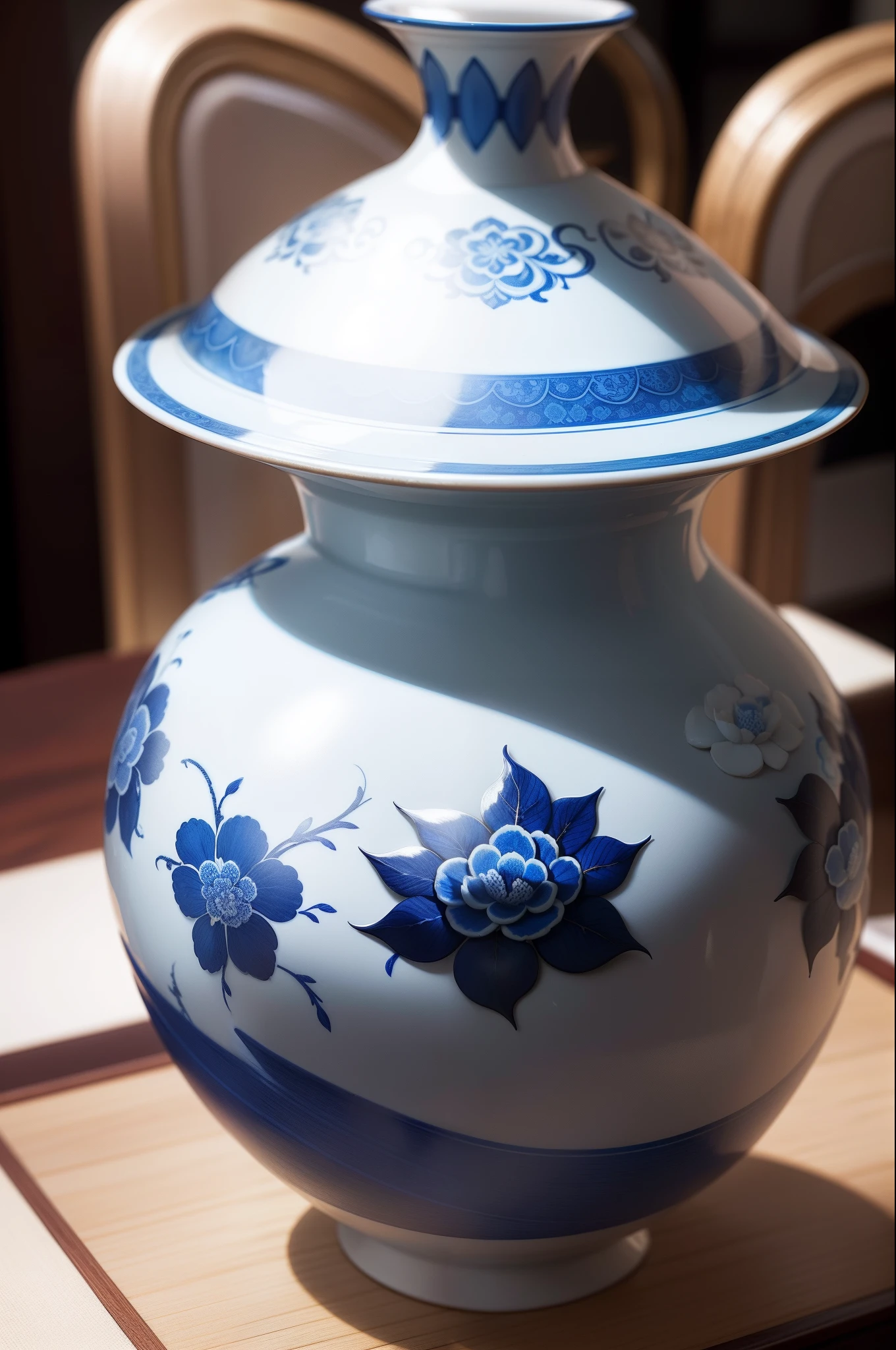 chinaware,Blue and white porcelain,Qing Xuantong blue and white porcelain,distinctive,Close-up of details,photorealestic,high saturated,plethora of colors,Dark pattern,dear,ornate motifs,The full picture of the item,(Whole body diagram:1.2)