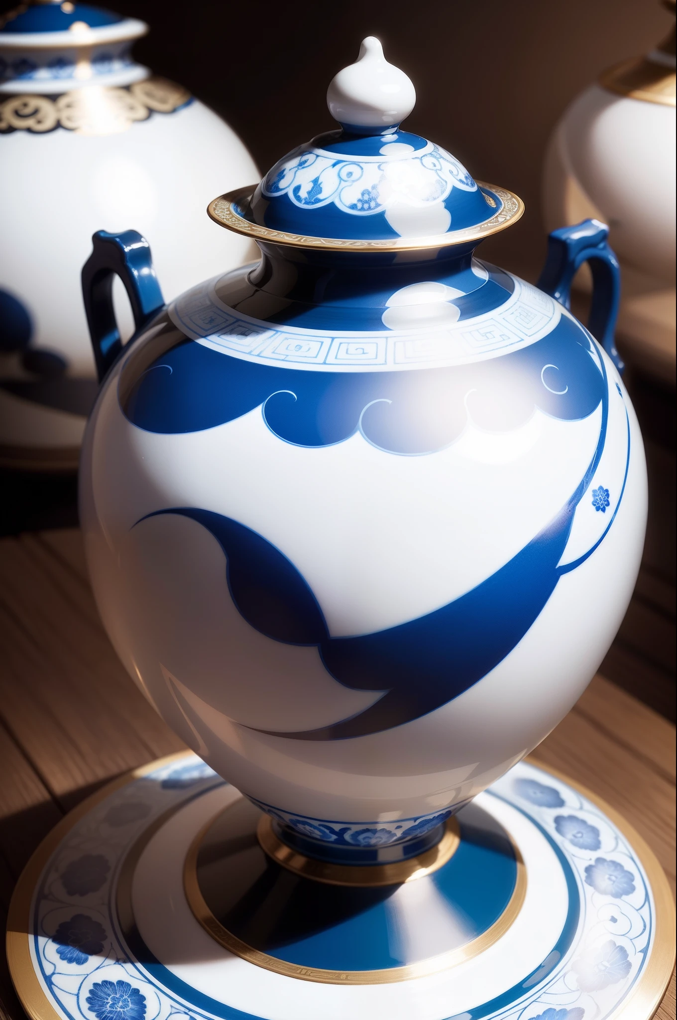 chinaware，Blue and white porcelain，Qing Xuantong blue and white porcelain，distinctive，Close-up of details，photorealestic，high saturated，plethora of colors，Dark pattern，dear，ornate motifs，The full picture of the item，（Whole body diagram：1.2）