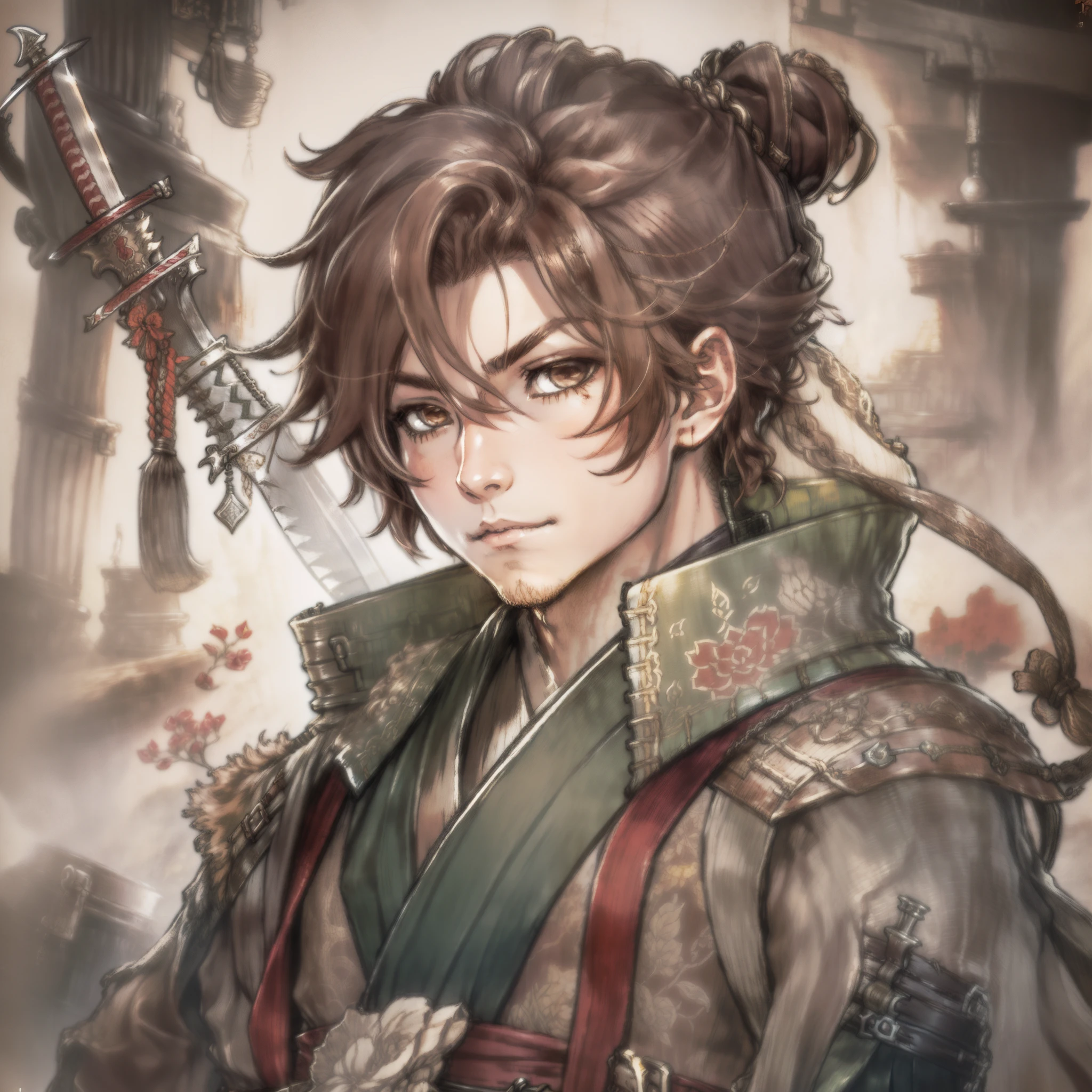 Game Art design, Octopath Traveler 2, 1boy, hikari ku, (solo:1.4), brown hair, ponytail, samurai warrior wearing a katana on his waist belt, japanese clothes with ornaments, yoroi, extremely detailed face and eyes, absurdes