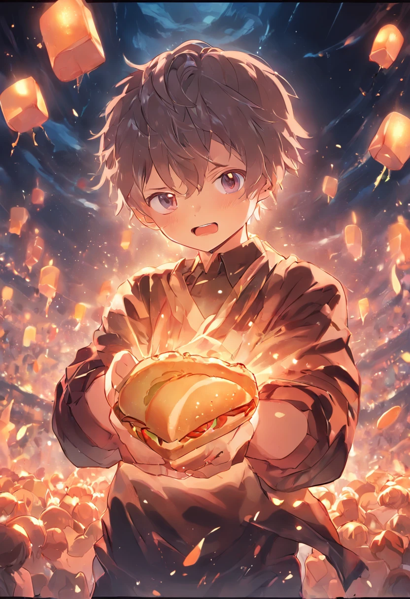 a cute little boy，Bread in hand。