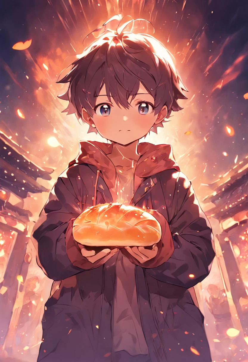 a cute little boy,Bread in hand。