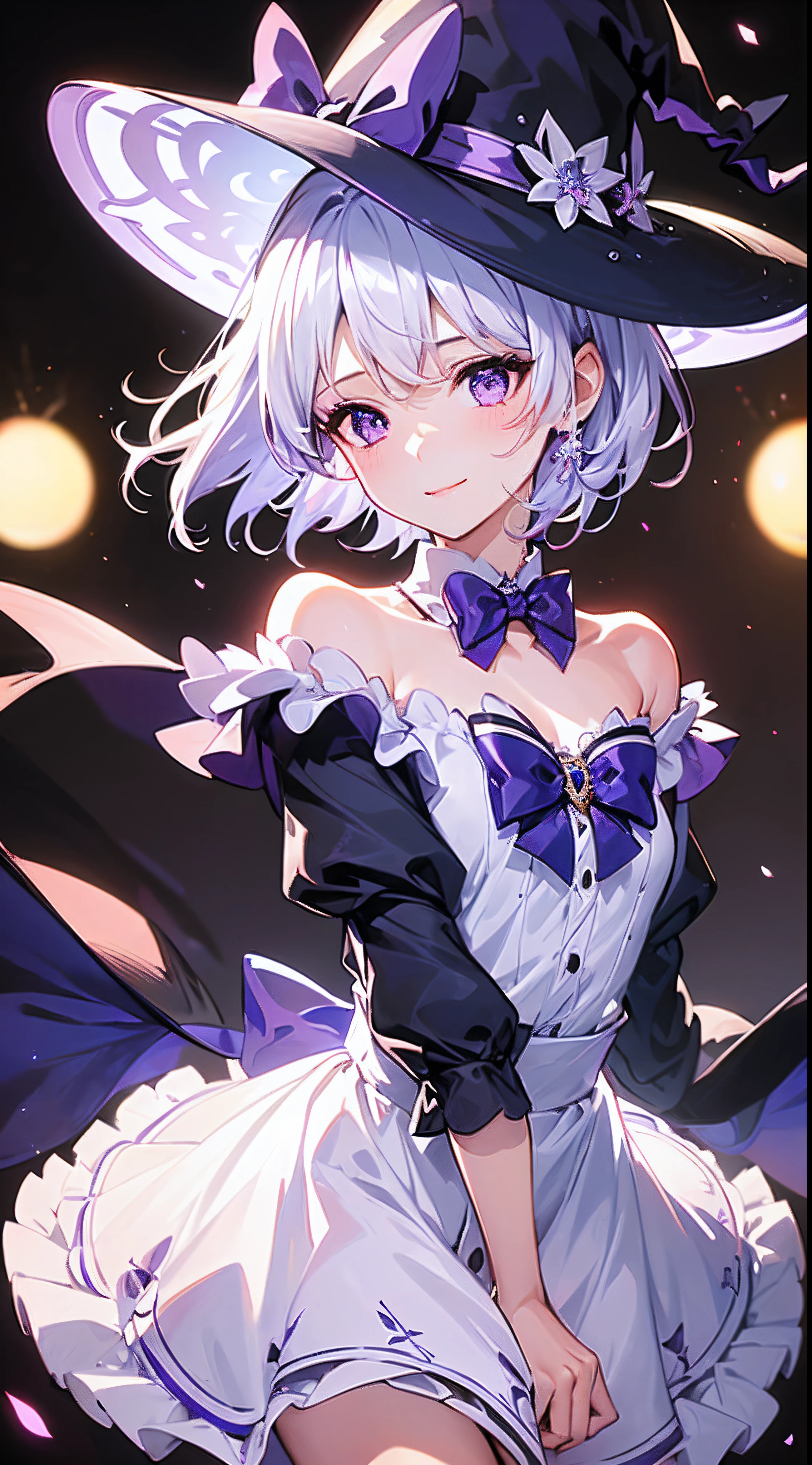 (Best quality),(4k), [highly grand detailed CG painting]!!,(cheer sticks),(((the Greatest masterpiece,))) (ultra detailed),(((idol))),(intricately details),(Natural,cute face),((((beautiful stage)))),(dynamic angles,shot from the top),(raindrops),(dynamic lighting),(blooming,synthetic wave), (reality: 0.7), solo,1 girl,Long eyelashes,watery eyes,reflected eyes,eyes shadow,light purple eyes,((one purple bow tie)),((flat witch hat)), (blue off-the-shoulder shirt: 0.4),beautiful hair,gradiation hair, [blue dress]!!, blue haired deity,straight hair,((elegant and conservative cloth)),seductive smile
