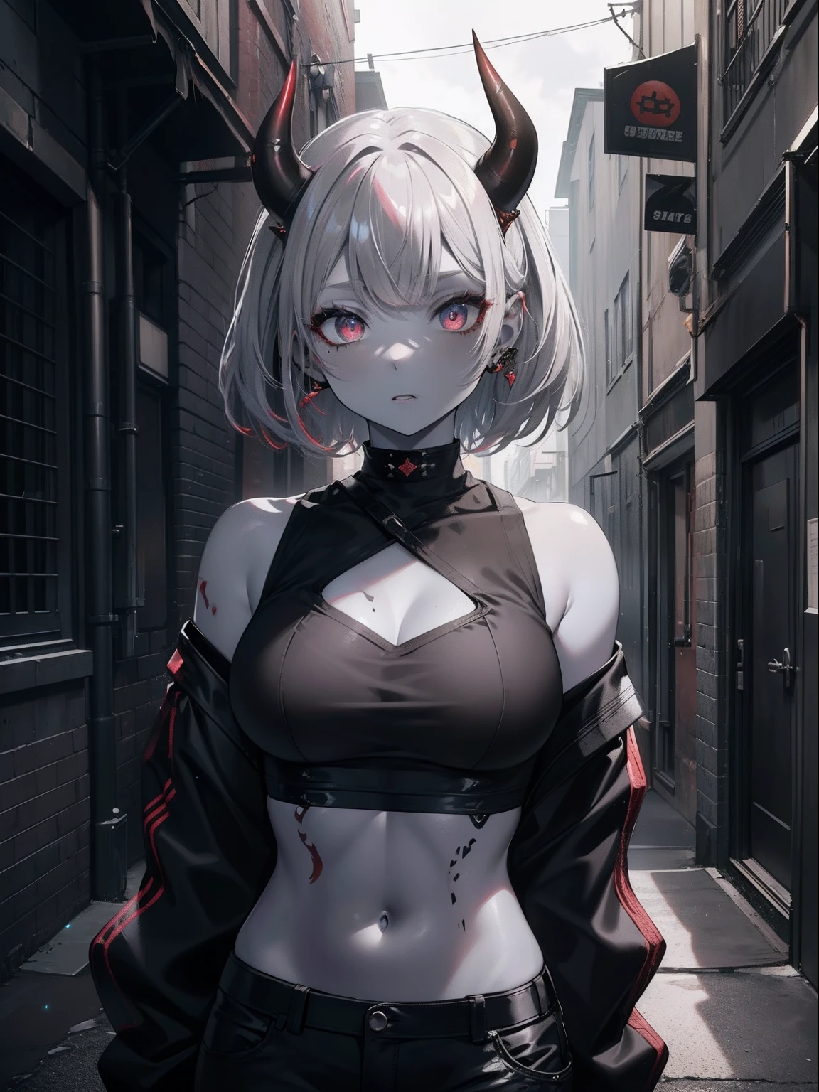 (Masterpiece, Best quality, ultra high resolution),1girl,redhead,oni horns,oni girl,(colored skin,grey skin,gray skin tone),black crop top,rock punk fashion, beautiful and detailed face, detailed eyes,in an alleyway,(grey theme)