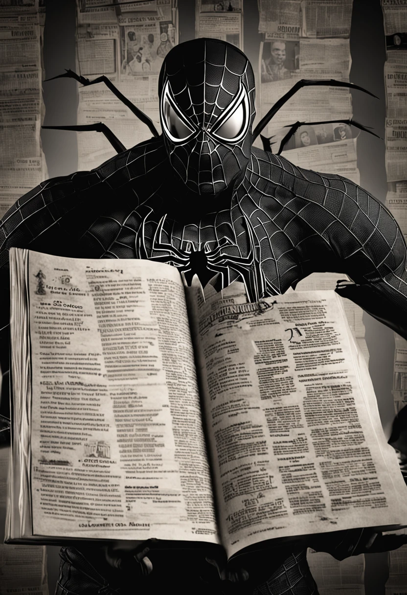 portrait512 Spider-Man wearing his mask reading a (jornal:0.8) dentro de um banheiro, cinematic film still Photo512