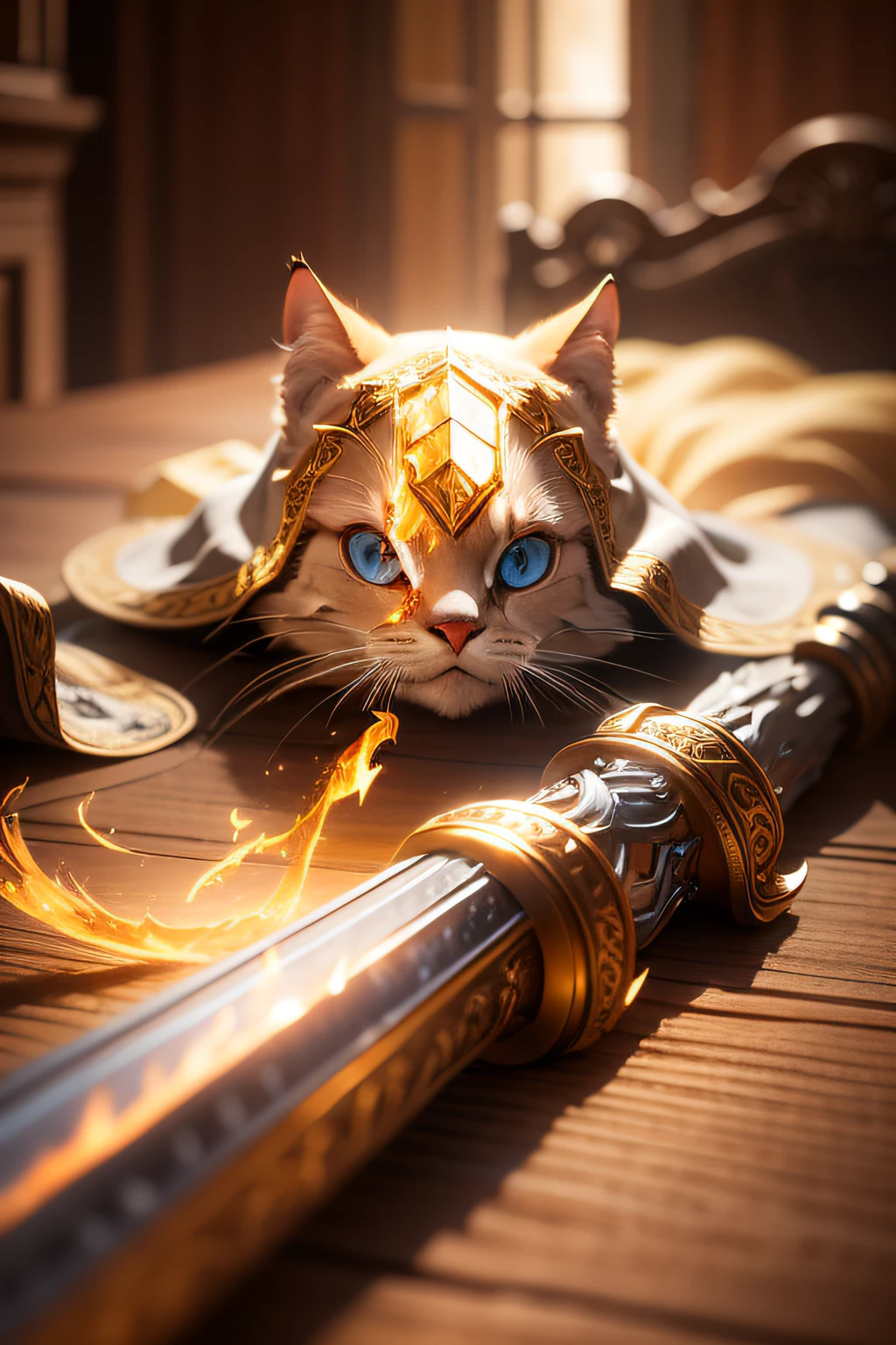 A beautifully detailed image of an enchanted sword lying on a table, glowing with magical energy. The blade, gleaming with a soft, warm light, curves and twists as it stretches from hand to hand, creating a mesmerizing, ethereal trail of swirling flames. The surrounding room is bathed in a warm, golden light, casting a warm glow on the item. macro lens, golden hour, soft lighting